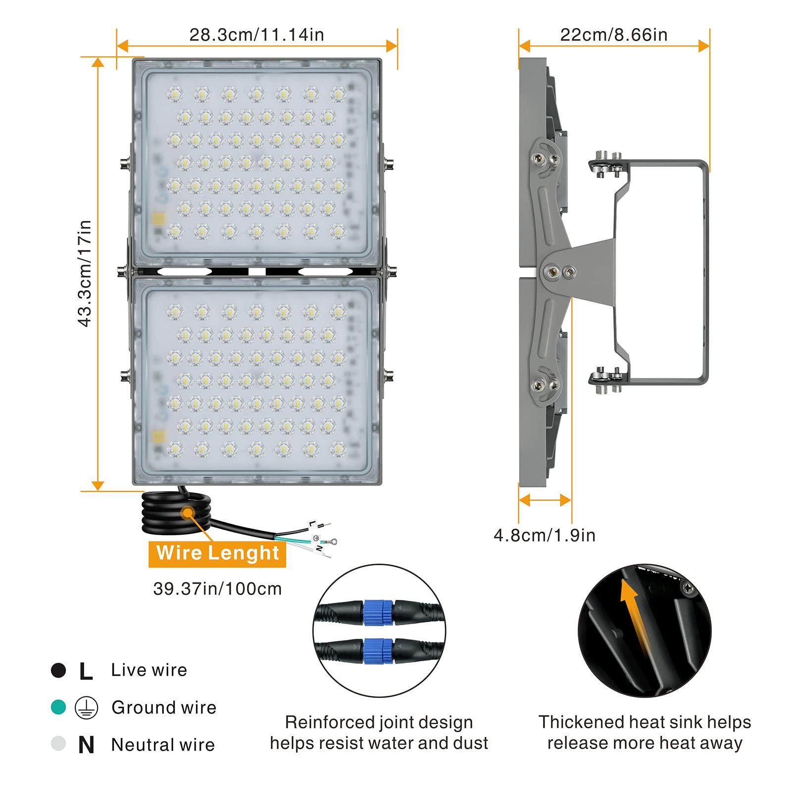 STASUN 200W LED Flood Light - 18000lm, Daylight White, IP66 Waterproof, Adjustable Heads for Outdoor Security, Model FL--112