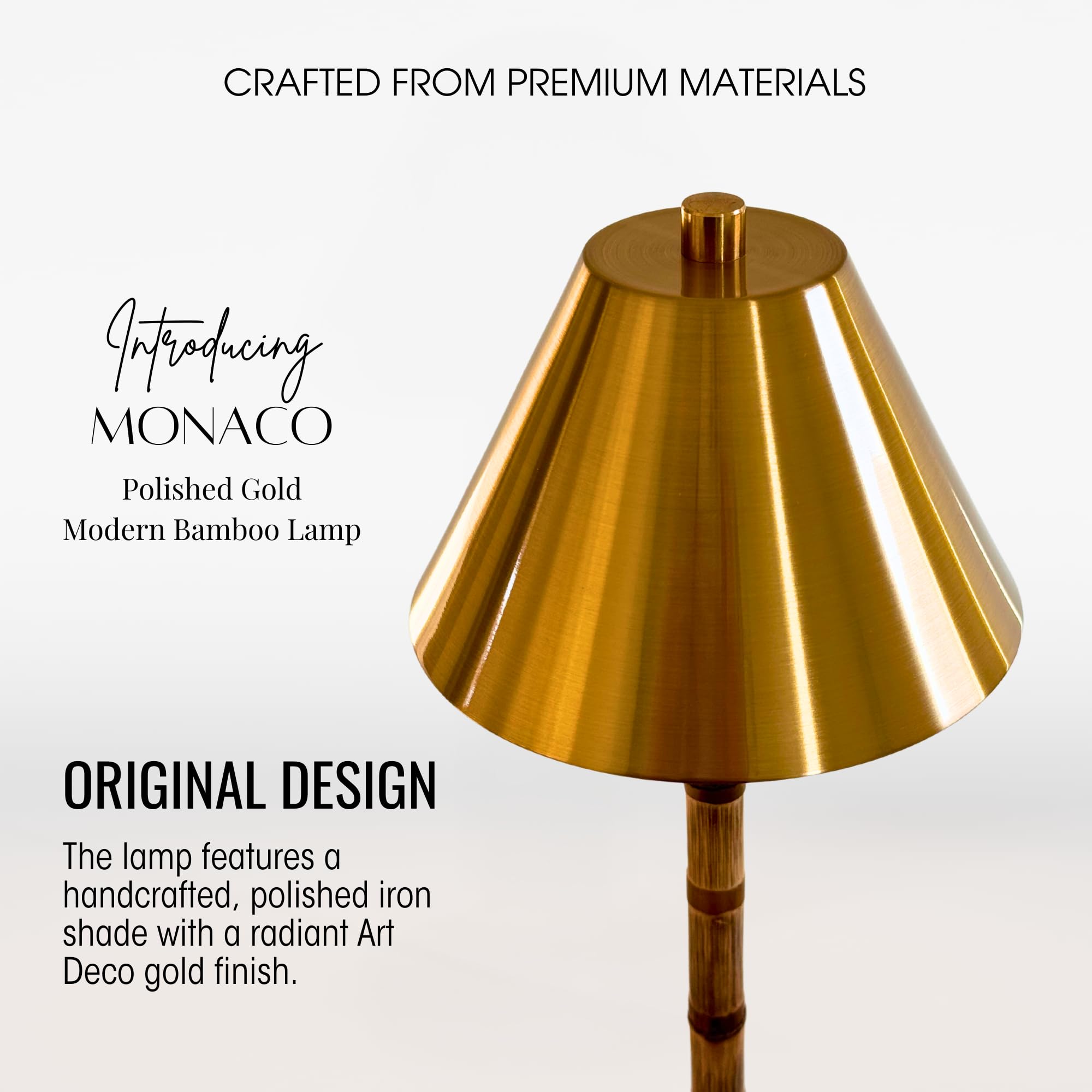 LUXELYKOS Bamboo Cordless LED Table Lamp – Dimmable 15" Portable Wireless Light, Rechargeable 24-Hour Battery, Polished Gold