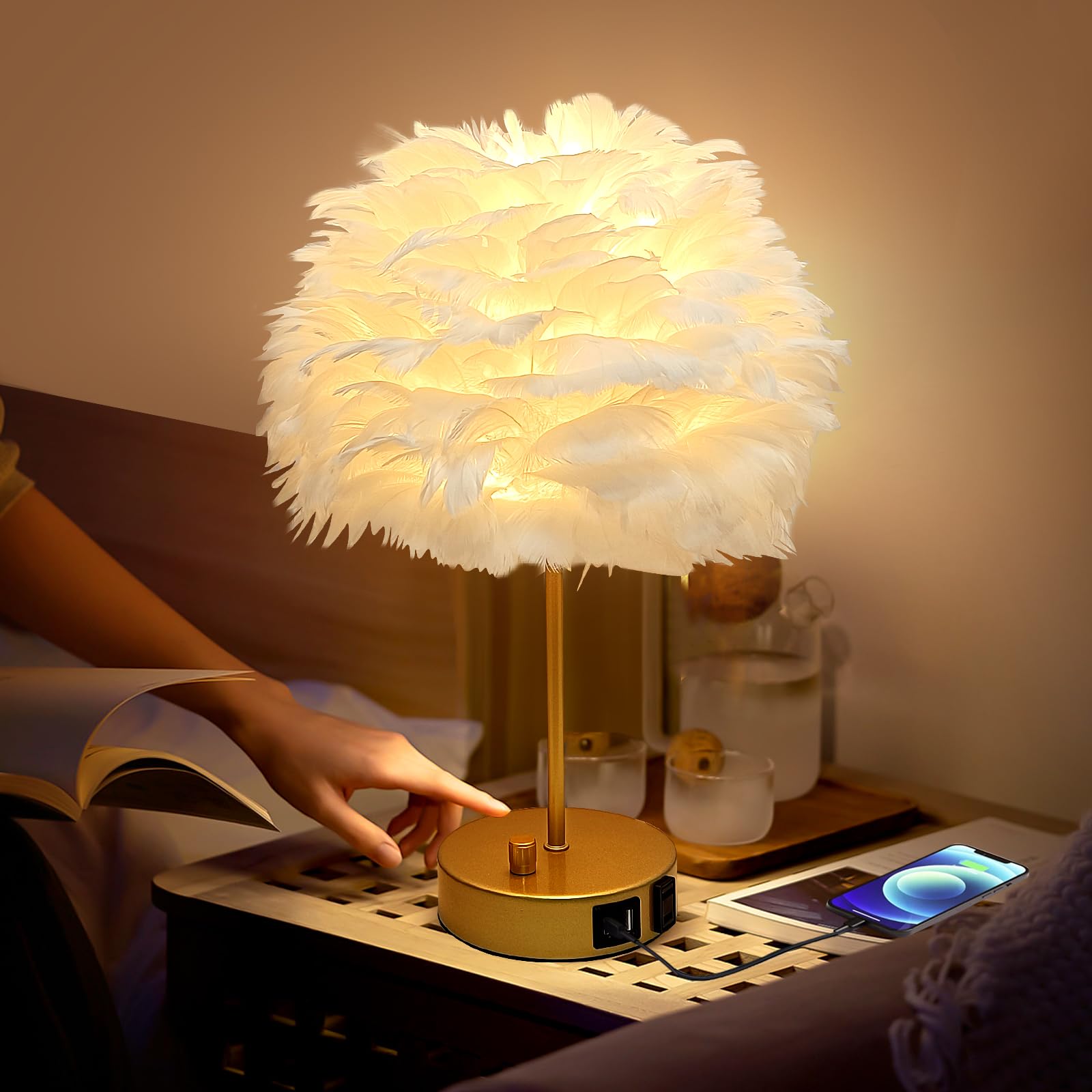 ZYLEIESENBAO White Feather Lamp with USB Charging Port Modern Feather Table Lamp Cute Romantic Bedside Nightstand Light for Girl