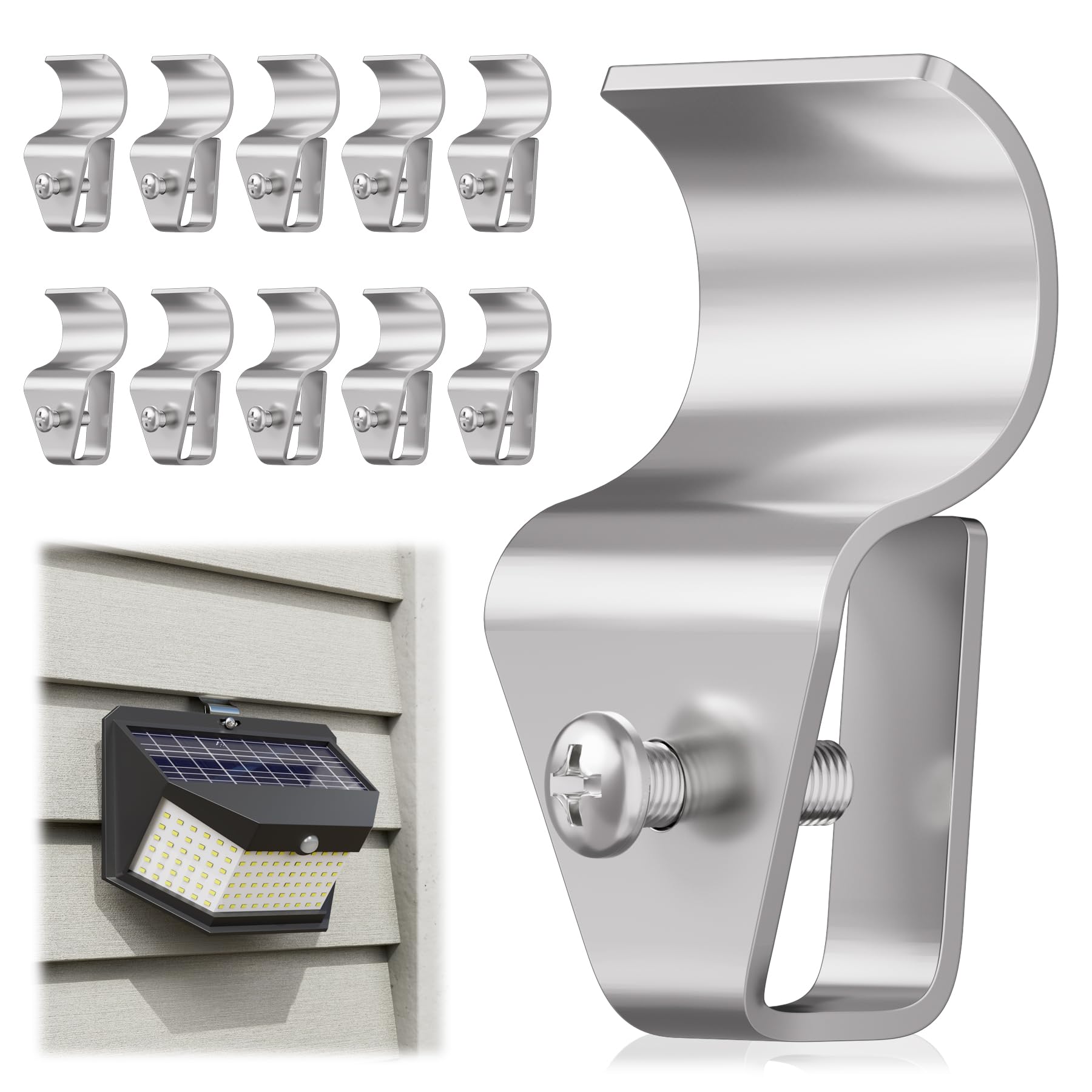 HUXOR Vinyl Siding Hooks for Solar Lights, Metal Clips, 10 Pack, Silver, Model HUXOR-1
