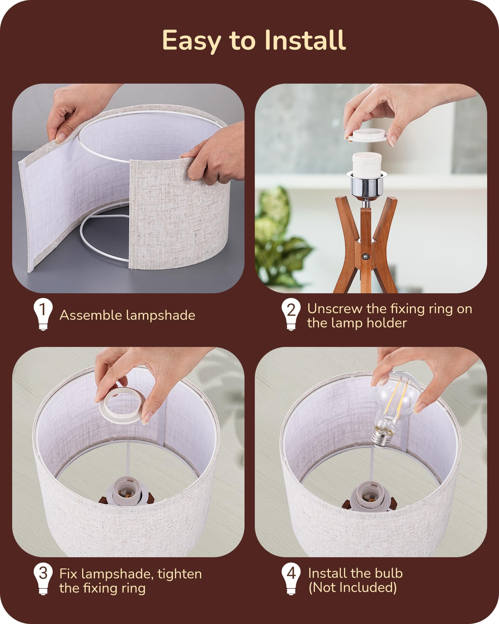 Edishine Mid Century Tripod Table Lamp - Dark Wood Base & Beige Linen Shade, 17.5&quot; Nightstand Lamp