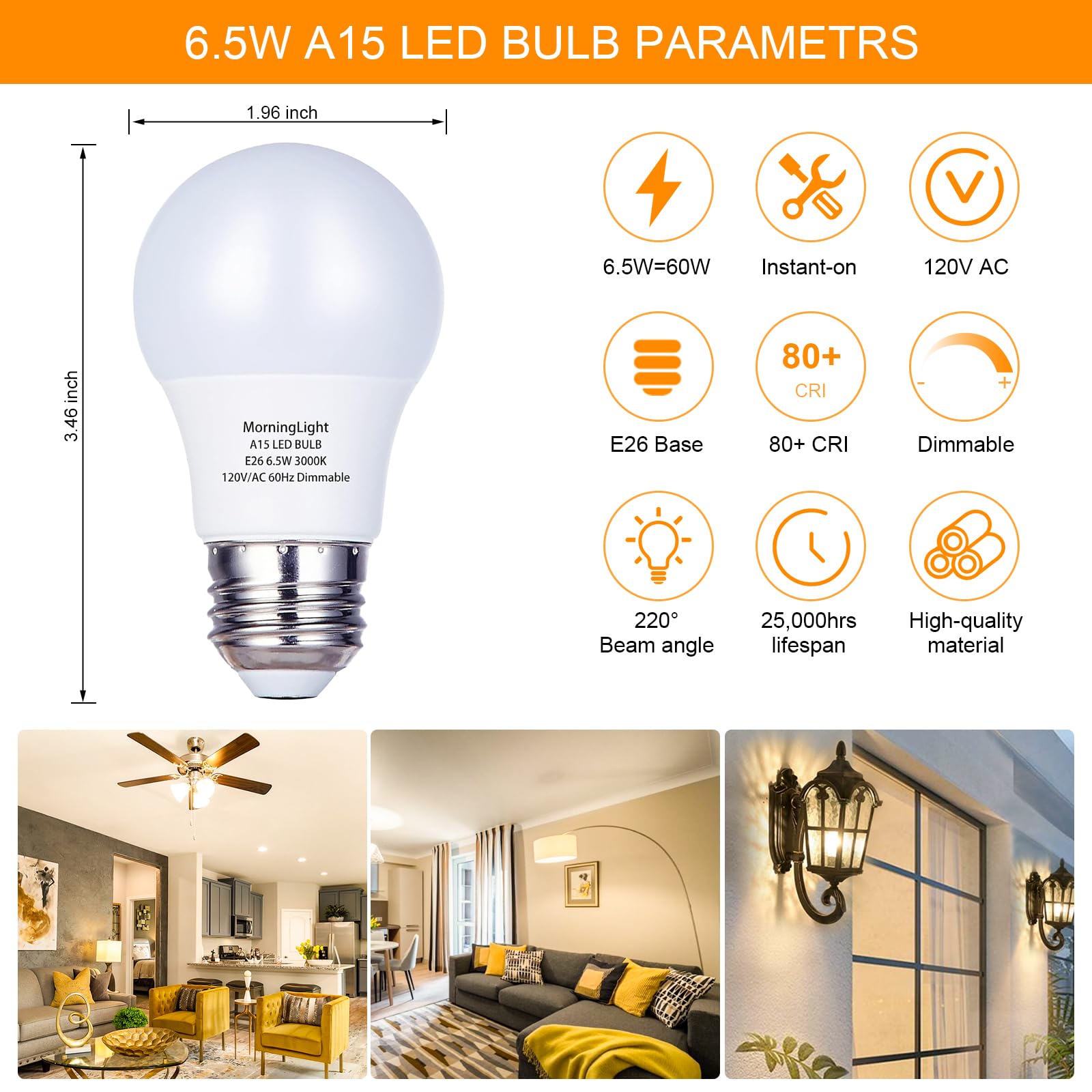 MorningLight A15 LED Bulb Pack of 6, 6.5W Dimmable, 3000K Soft White, E26 Base, 600LM for Ceiling Fans & Fixtures