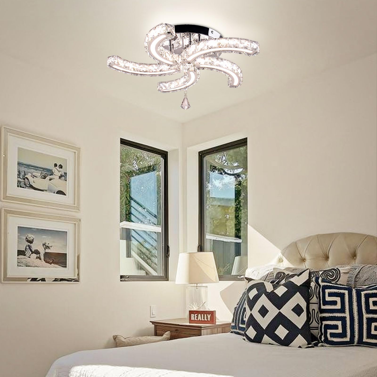 FRIXCHUR Modern Crystal Chandelier 5 Arms LED Light Fixture Flush Mount Dimmable with Remote, Acrylic, US-MC082-YKL