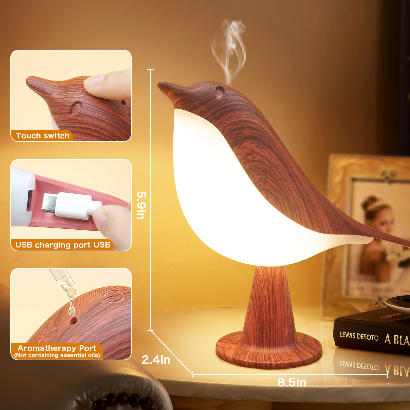 Vvin 2 In 1 Small Desk Lamp, Bird Cordless Table Lamp With 3 Color Temperature Dimmer And Touch Sensor - Rechargeable Battery Night Light For Kids, Bedroom, Bedside, And Outdoor Use