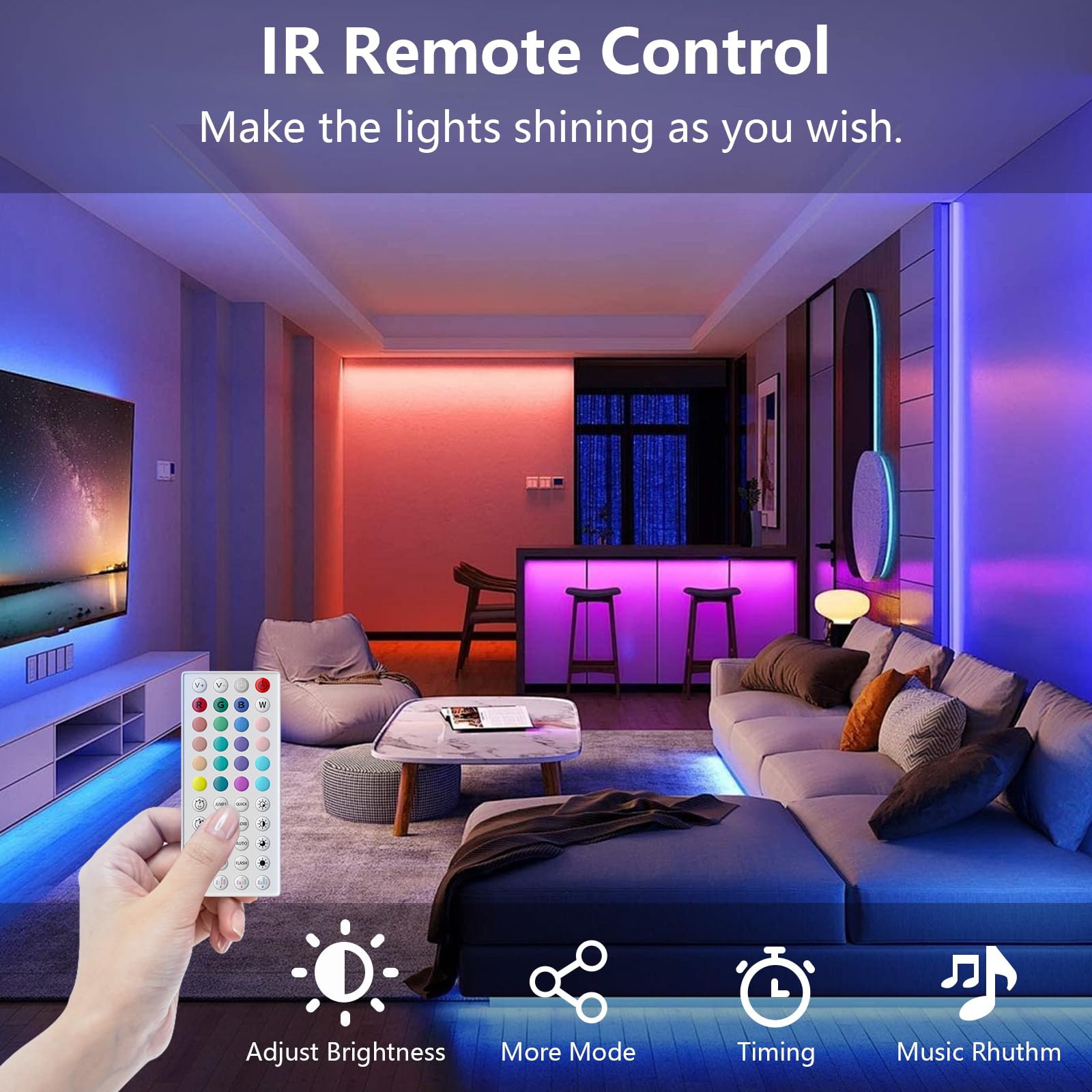 Sinwe 100Ft Led Lights For Bedroom,Music Sync Led Strip Lights With 44 Keys Remote And App Control,Color Changing Rgb Led Lights