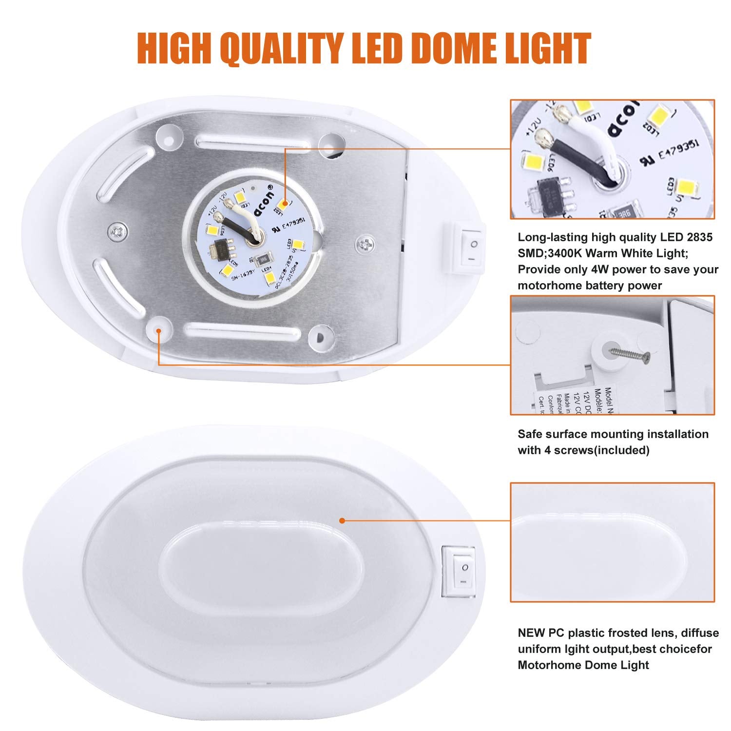 Facon LED Pancake Dome Light, 12V DC, On/Off Switch, L 5 7/8in  x W 3 3/4in  x H 1in , White