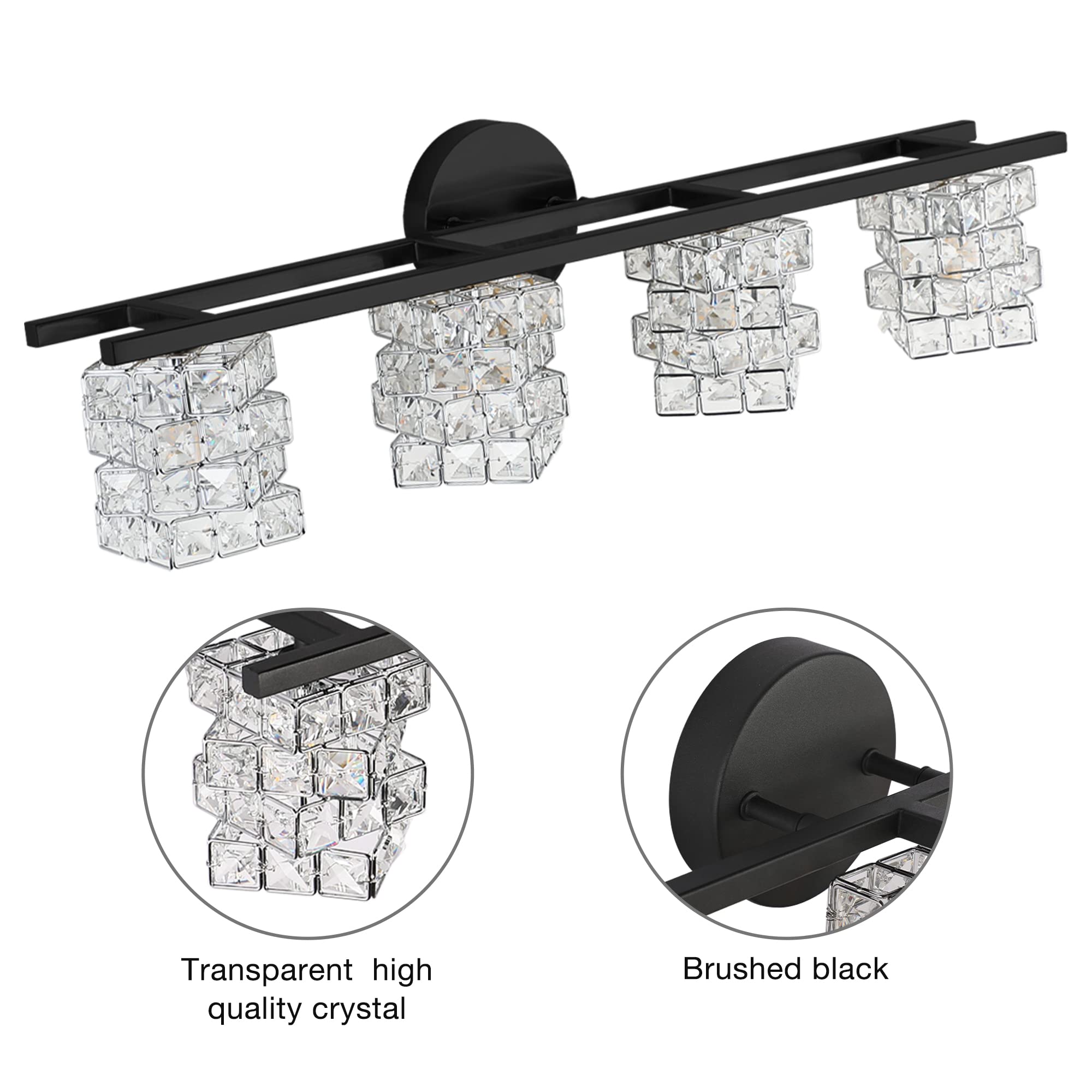 BDL Bathroom Vanity Light Fixture, 4 Lights, Black Crystal Shade, Model 8800-4T, Modern Wall Sconce (Bulb Excluded)