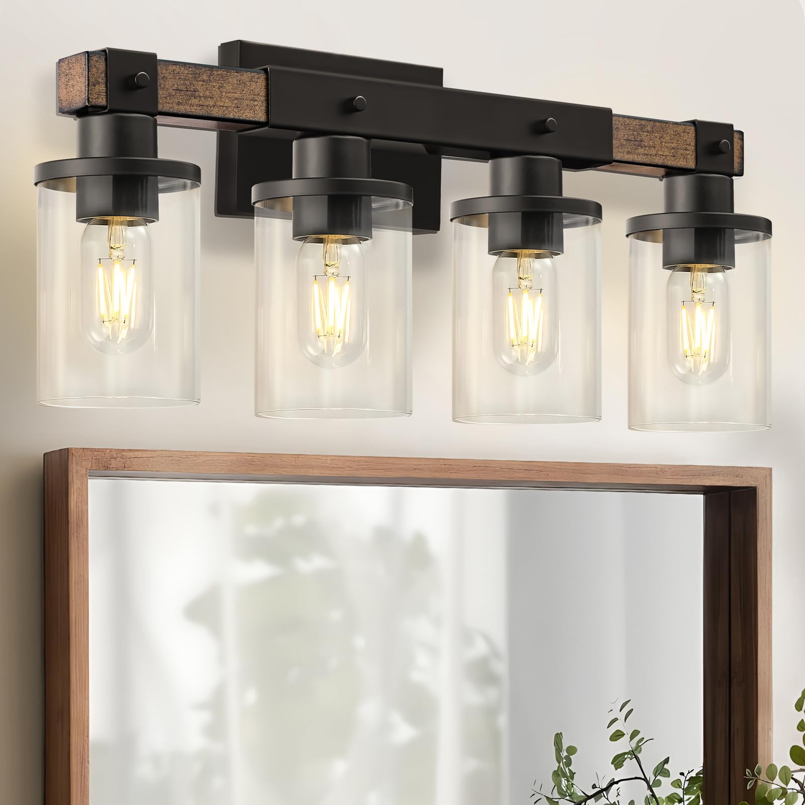 Goebleson 4-Light Rustic Bathroom Light Fixture, Farmhouse Vanity Lights With Glass Shade