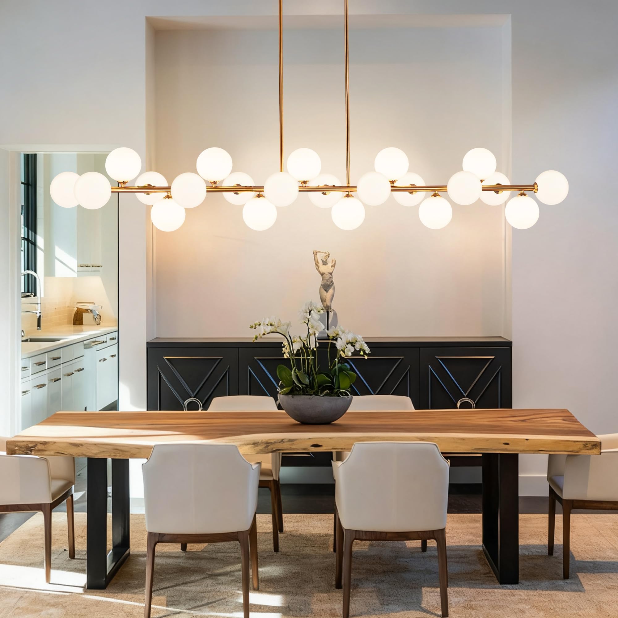 Lzawvm Gold Linear Chandelier Mid Century Modern Linear Chandelier with 22 Lights White Glass Globe, Large Long Sputnik Pendant 