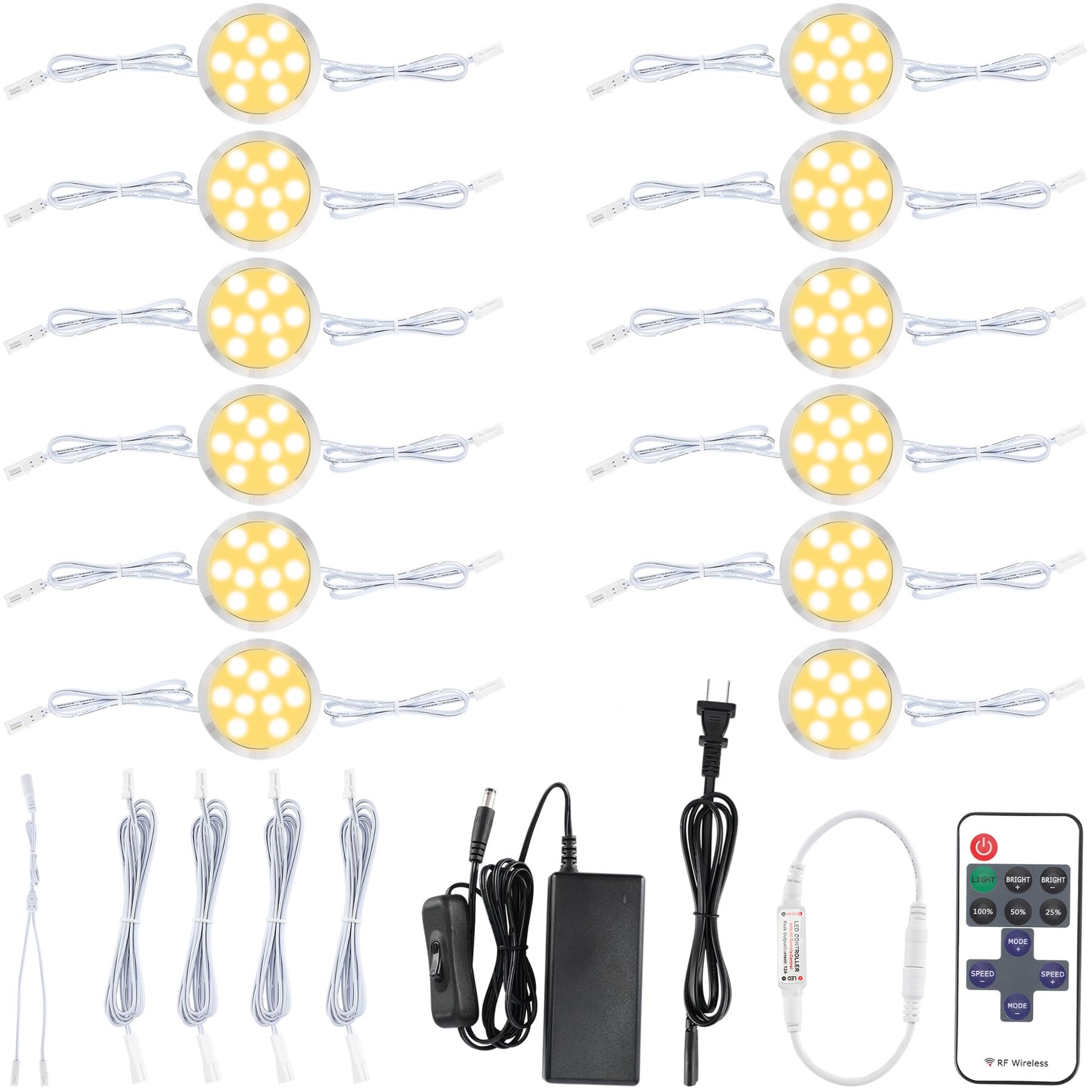 Meigour LED Puck Lights Kit, 12 Lights, Hardwired, Dimmable, 2700K Warm White, Model LK-5-WW12, Aluminum