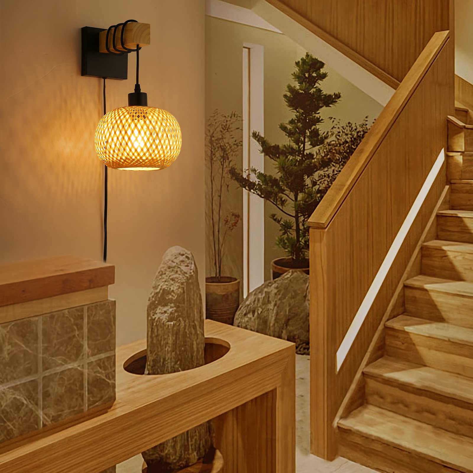 Farmhouse Rattan Plug In Wall Sconces, Rustic Hand-Woven Bamboo Shade & Wood Beam Wall Light Fixtures, Rattan Bamboo Wall Lamp F