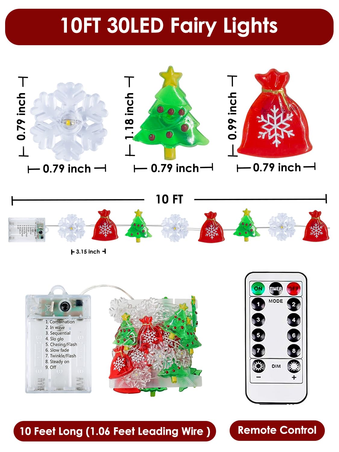 Christmas Decoration Lights  10Ft 30 Led Christmas Tree Snowflake Lucky Bag Fairy Lights Battery Operated With Remote  Twinkle String Light 8 Modes & Timer For Indoor Outdoor Xmas Party House Decor