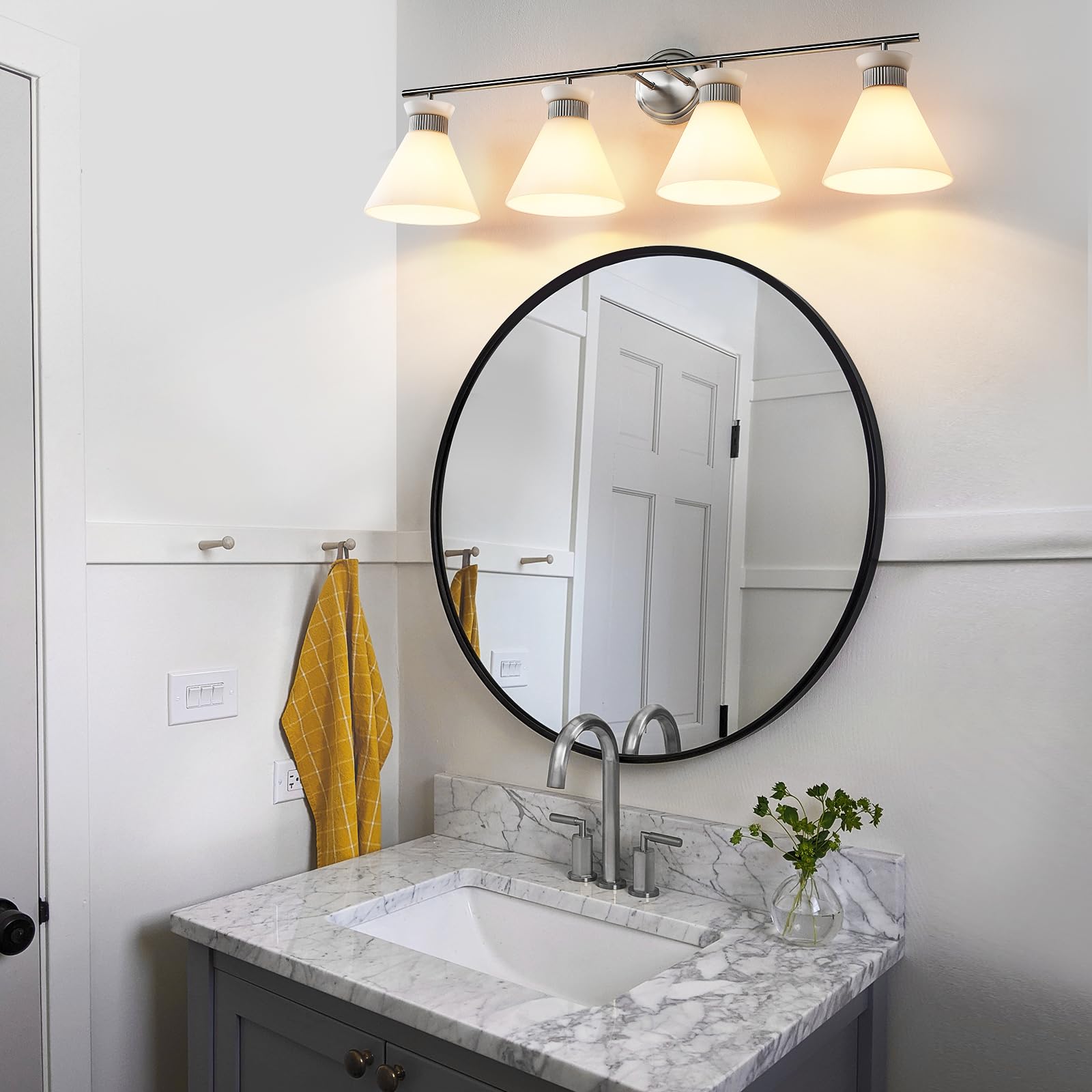 Woshitu Bathroom Light Fixtures: Brushed Nickel 4 Lights Bathroom Vanity Lights Over Mirror With Milky White Frosted Glass Shade  36 Inch Farmhouse Vanity Lighting Sconce (Exclude E26 Bulb)