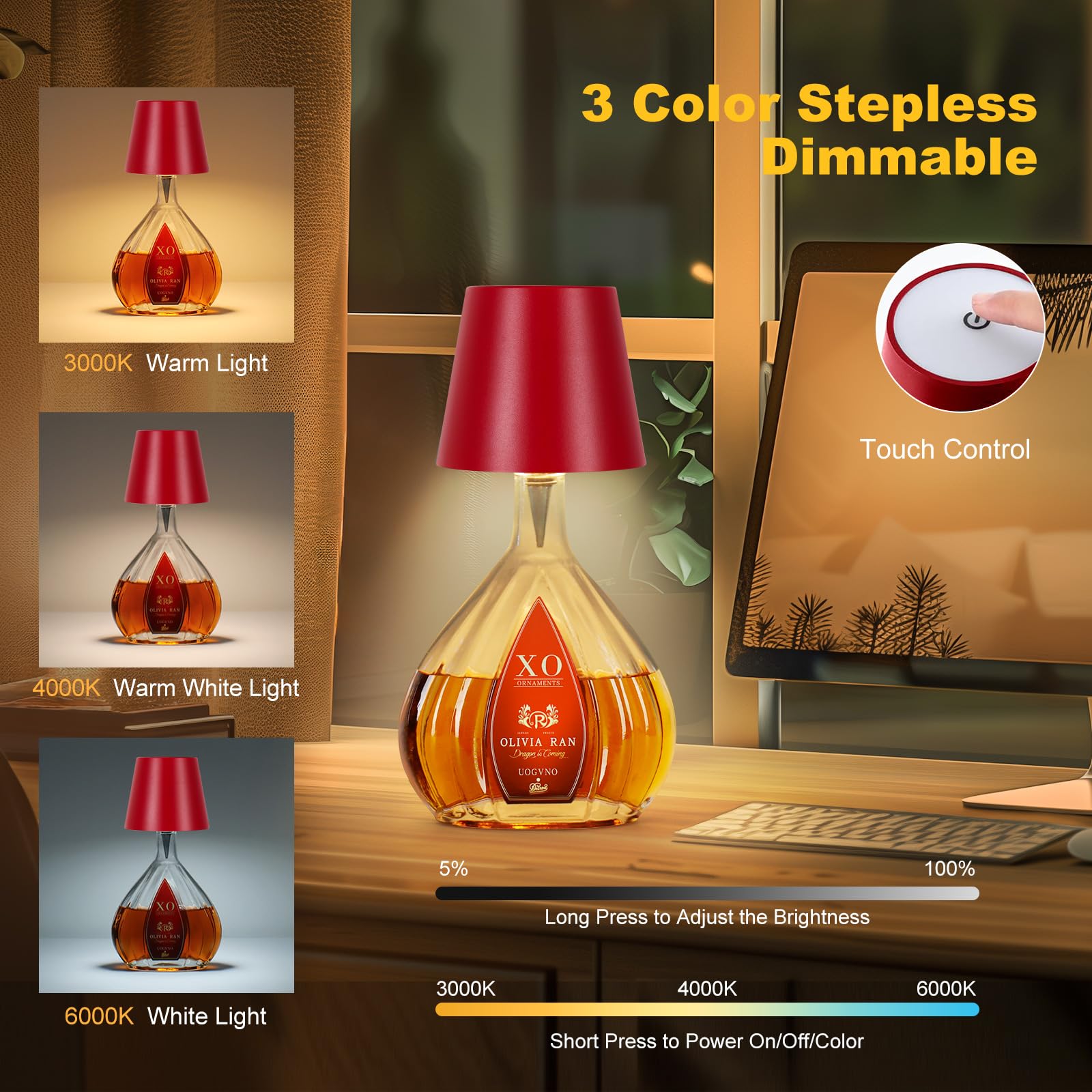 Soudfk Wireless Bottle Lamp, 2025 New 3 Color Rechargeable Wine Bottle Lights For Bars Restaurants (Wine Red, 1Pc)