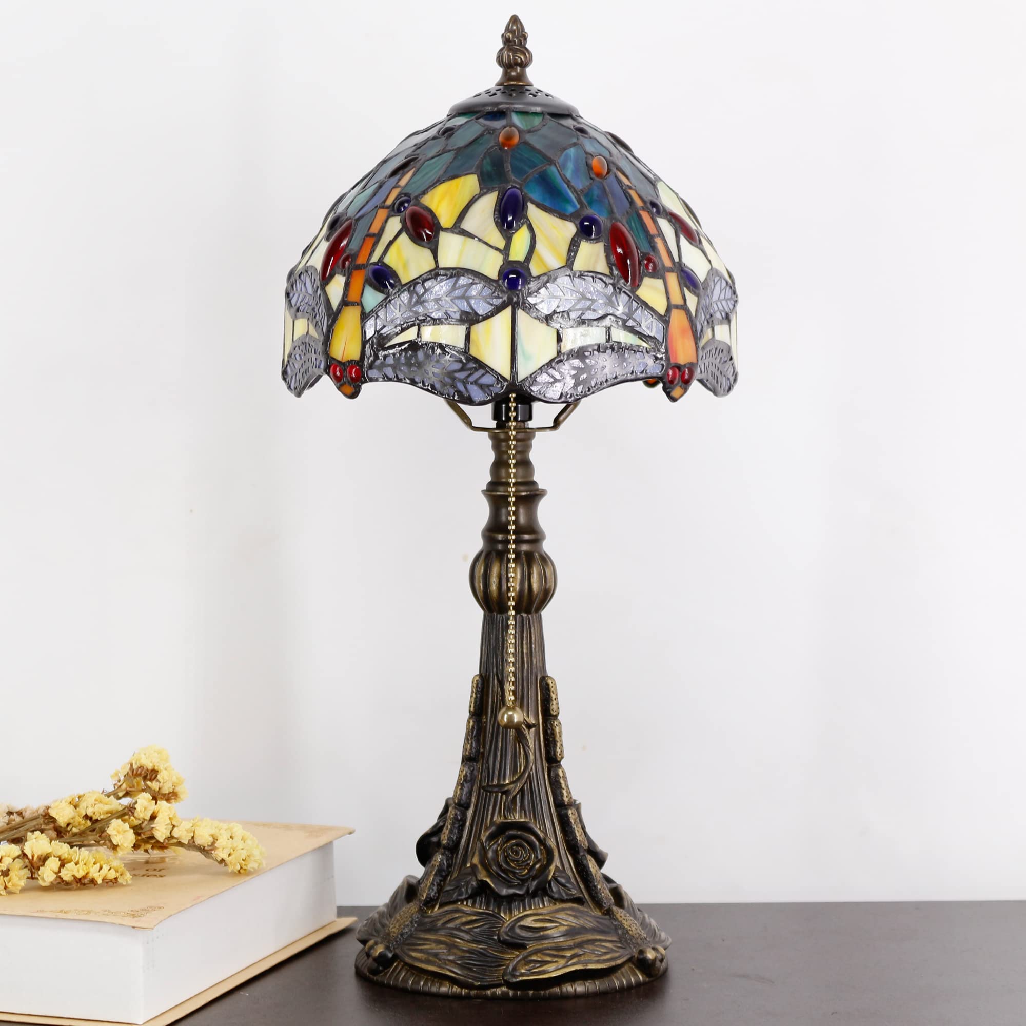 Small Tiffany Lamp Mini Stained Glass Desk Lamp Vintage Table Lamp Tiffany Style Night Light 8X17.5 Inch (Yellow Dragonfly Style