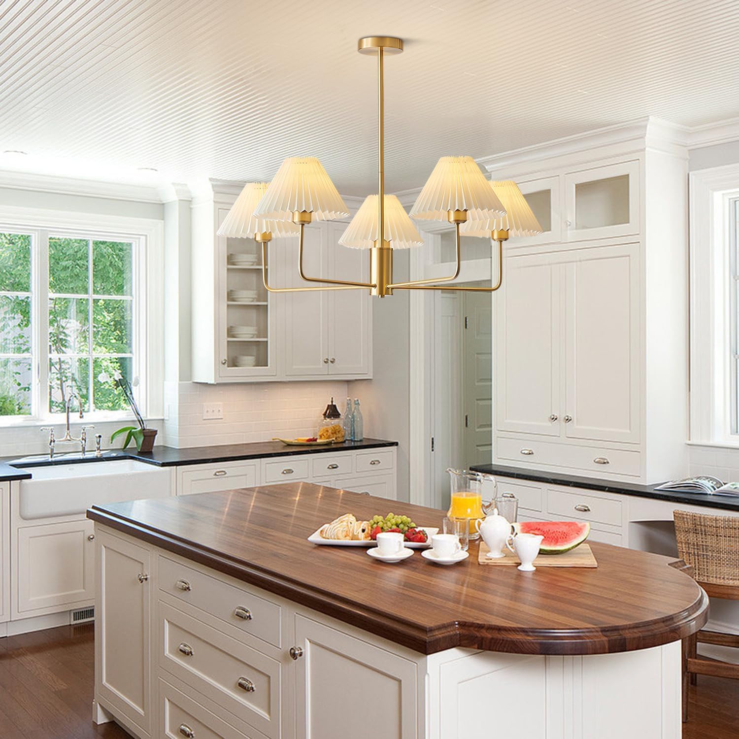 KCO 5-Light Pendant Light - White Fabric, Brushed Gold, Mid Century Modern Chandelier for Dining Room, Model L1157-5