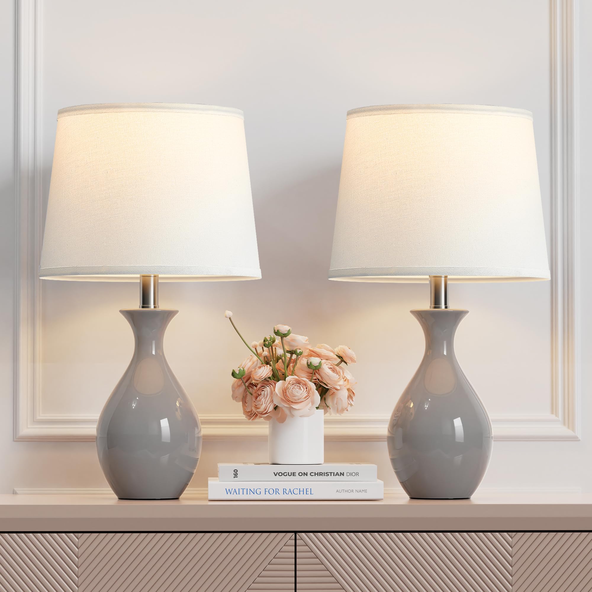 PARTPHONER Table Lamp Set of 2  Modern Ceramic Bedside Lamps for Night Stands  Classic Small Lamp Nightstand Lamp for Bedroom Living Room Desk End Table Rocker Swtich Grey