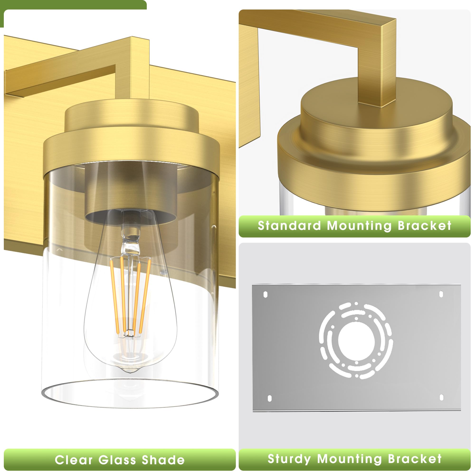 Espird Bathroom Vanity Light, 4-Light Brass Fixture with Glass Shades, Model L08-4-TONG