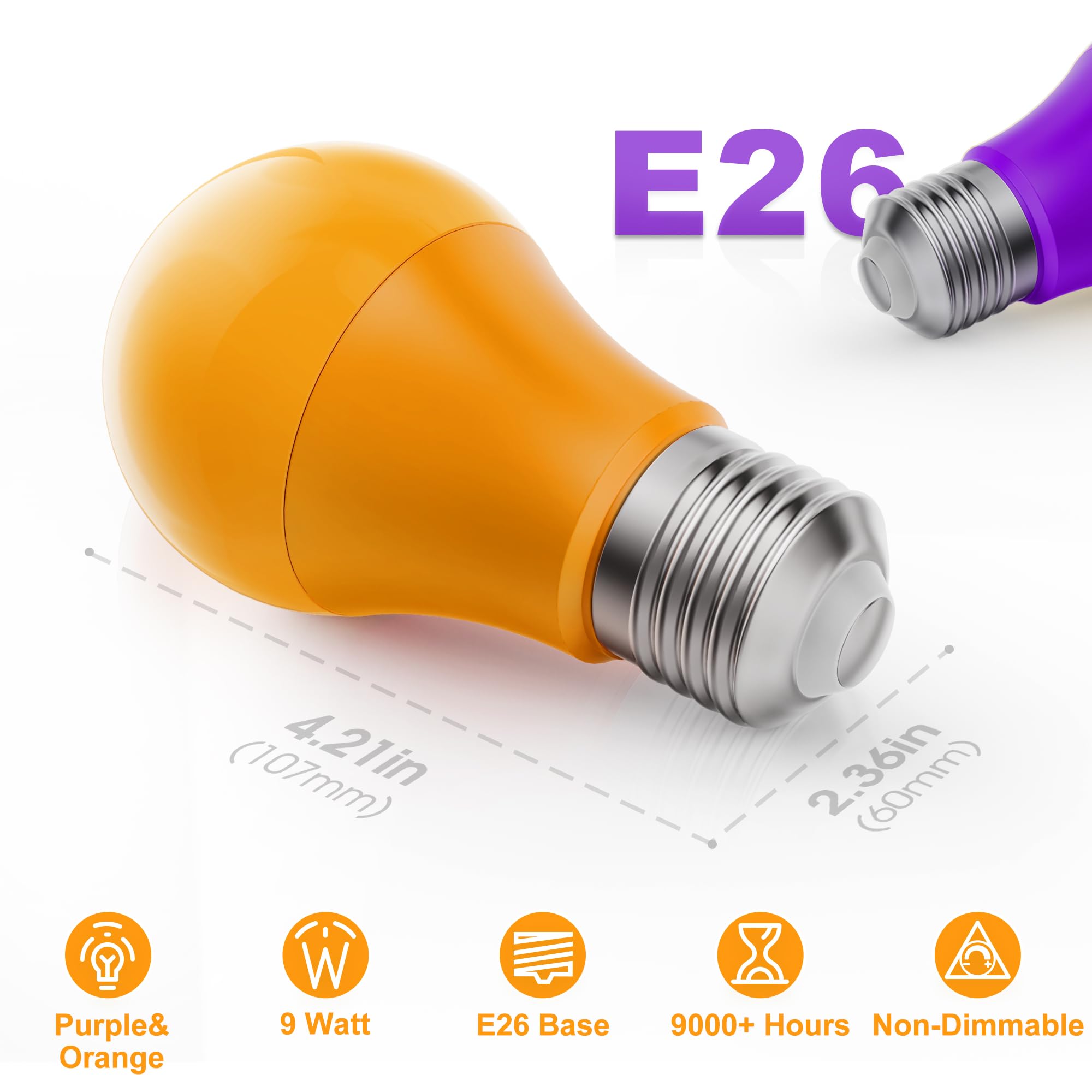 Orange Purple Light Bulbs [2 Pack], A19 Led Orange And Purple Bulb Outdoor, Halloween Light Bulbs, 9W (60 Watt Equivalent) - E26