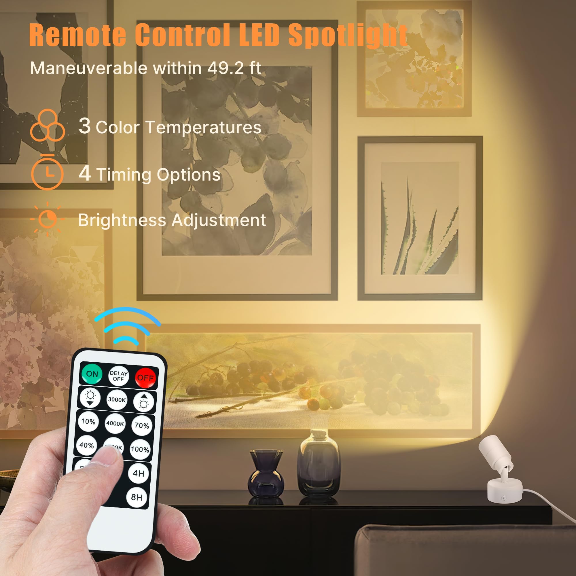 Led Spot Lights Indoor, 3W Uplighting Indoor With Remote Control Dimmable & Timer, 3000K/4000K/5000K Adjustable Spotlights, Acce