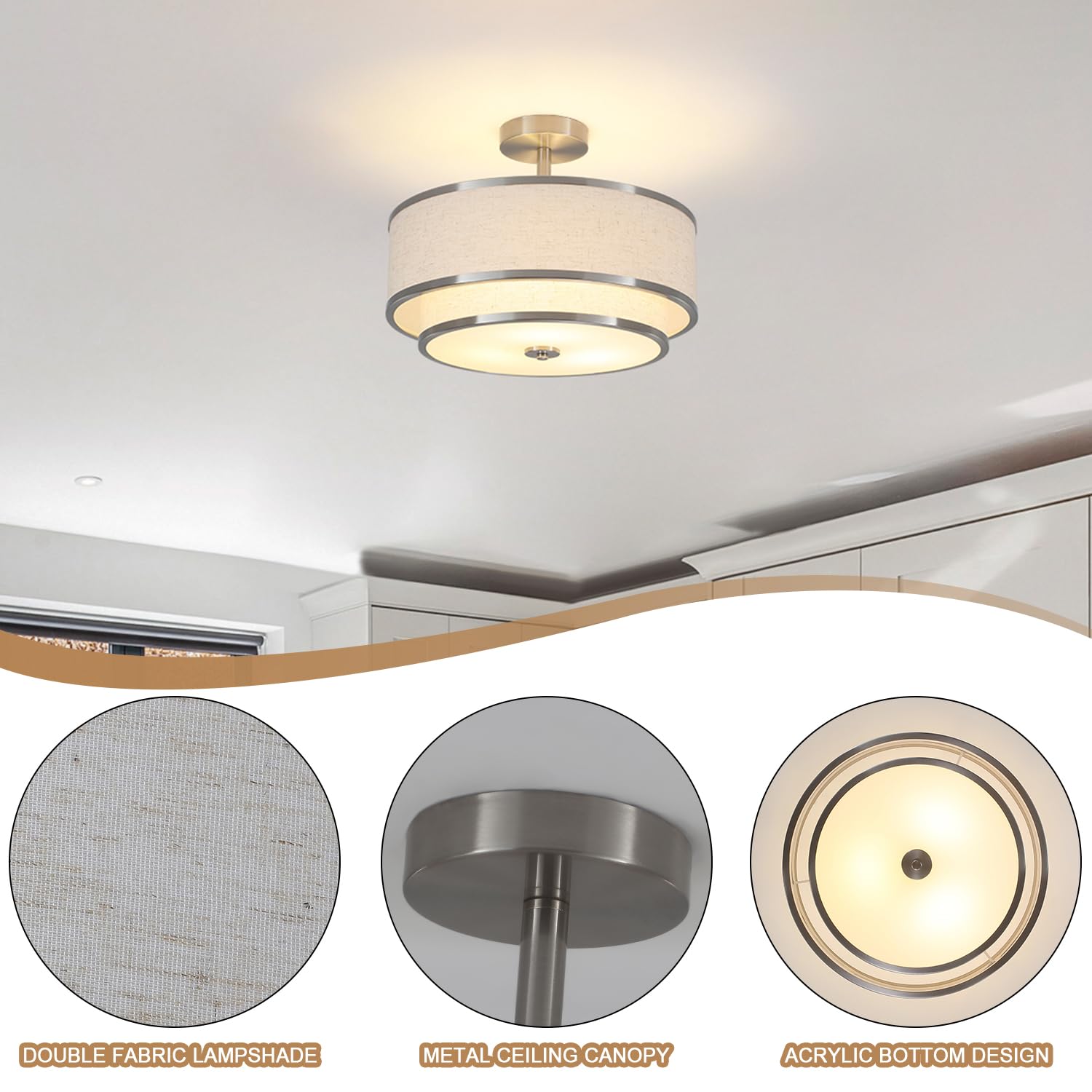 Buxvrcs Semi Flush Mount Ceiling Light Fixture, Modern Light Fixtures Ceiling Mount With Fabric Shade, 3-Light Double Drum Light