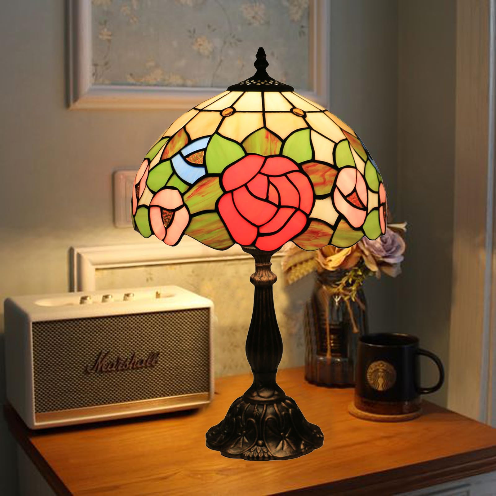 Tuomoxte Tiffany Style Table Lamp, Stained Glass Bedside Lamp, Handmade Antique Desk Lamp, Red Rose Pattern, For Living Room Bed
