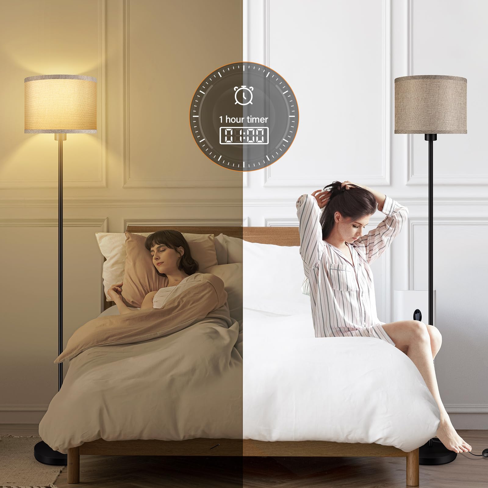 Bricosmocon Floor Lamp, Stepless Dimmable LED, 10W/1200LM, 2700K-6500K, Jute, Model B1186