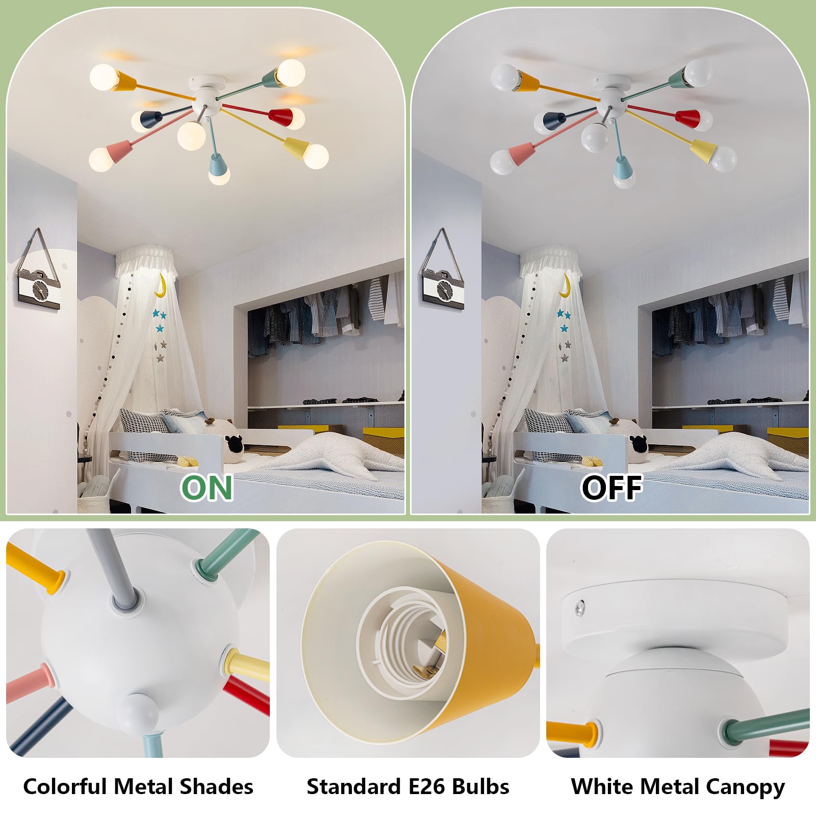 Ymlii 8-Light Modern Sputnik Chandelier, Multicolor Rainbow Semi Flush Mount Ceiling Light for Kids, Living Room, Dining Room, Bedroom