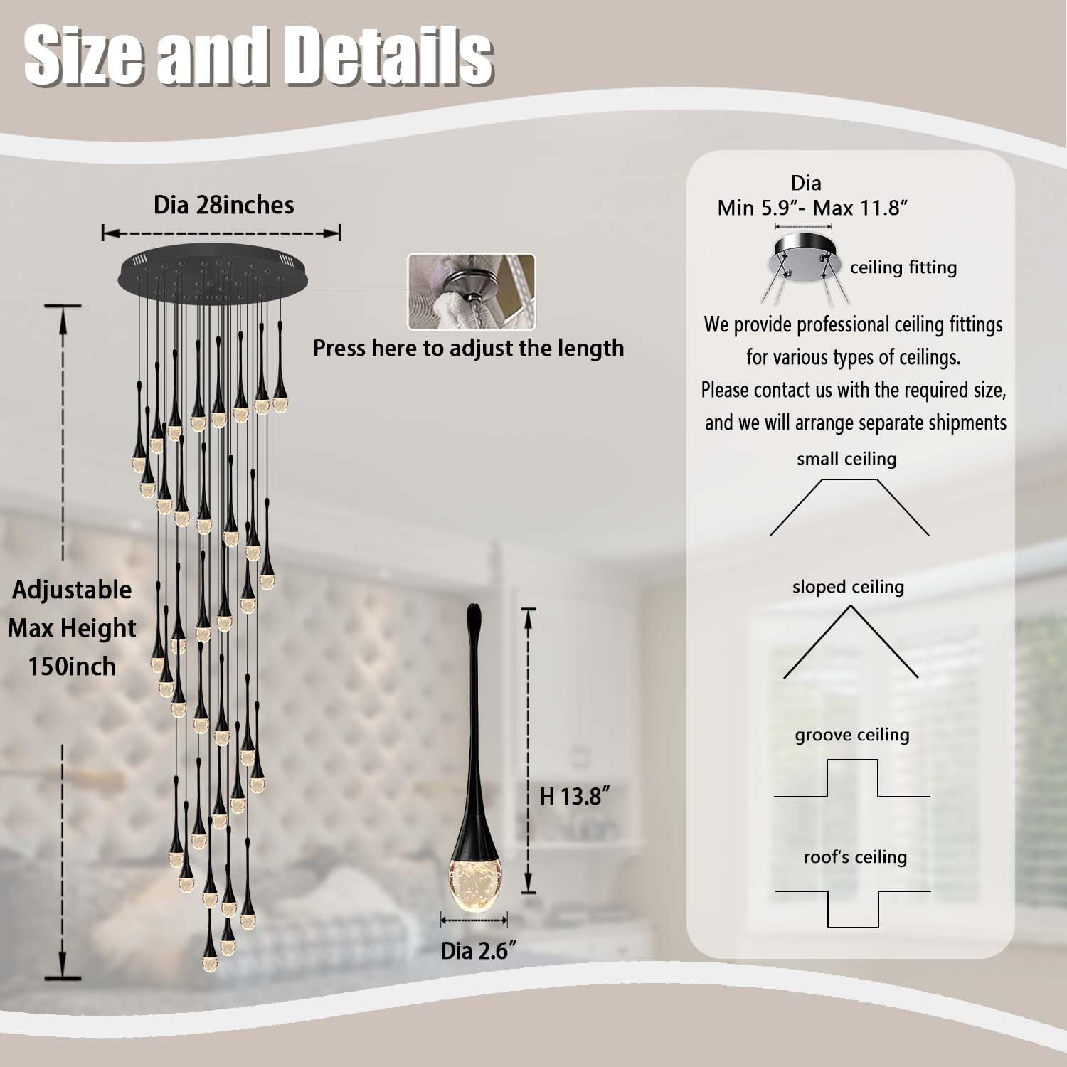 Ykolupty 150'' Long Staircase Crystal Pendant Chandeliers 36Light Black Column Crystal Chandeliers Foyer Entrance High Ceiling Hanging Chandelier 2700-6000K Dimmable Fixtures Led Big Chandeliers…