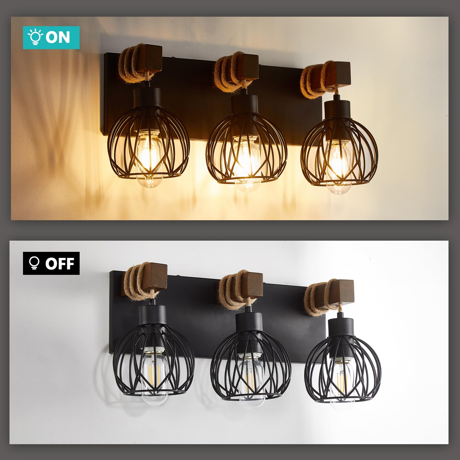 Farmhouse Bathroom Light Fixtures, 3 Light Wood Bathroom Lights Over Mirror, Rustic Rattan Black Vanity Light With Globe Metal Lampshade, Sconces Wall Lighting For Bathroom, Living Bedroom Hallway