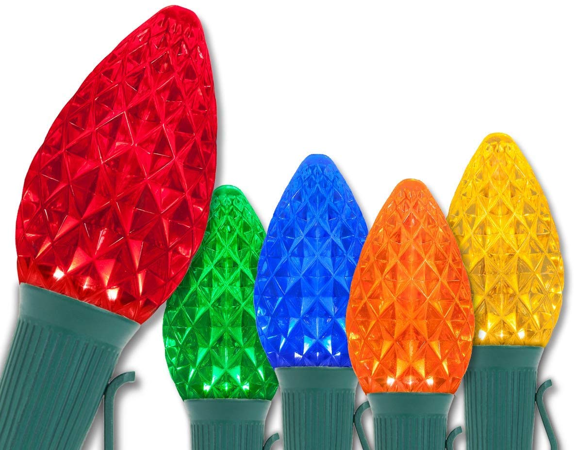 Wintergreen Lighting C7 LED Christmas String Lights - 50 ft, 50 Multicolor Lights, Polycarbonate, Green Wire