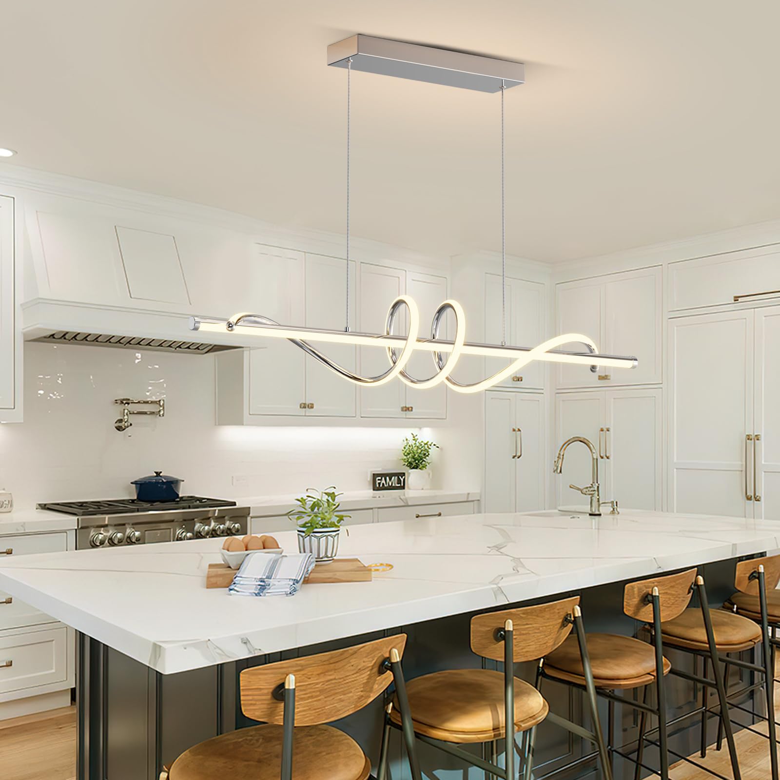 Zihoi Modern LED Pendant Light Fixture, Dimmable with Remote, 47in Aluminum, Adjustable Color 3000K-6000K, Chrome Silver