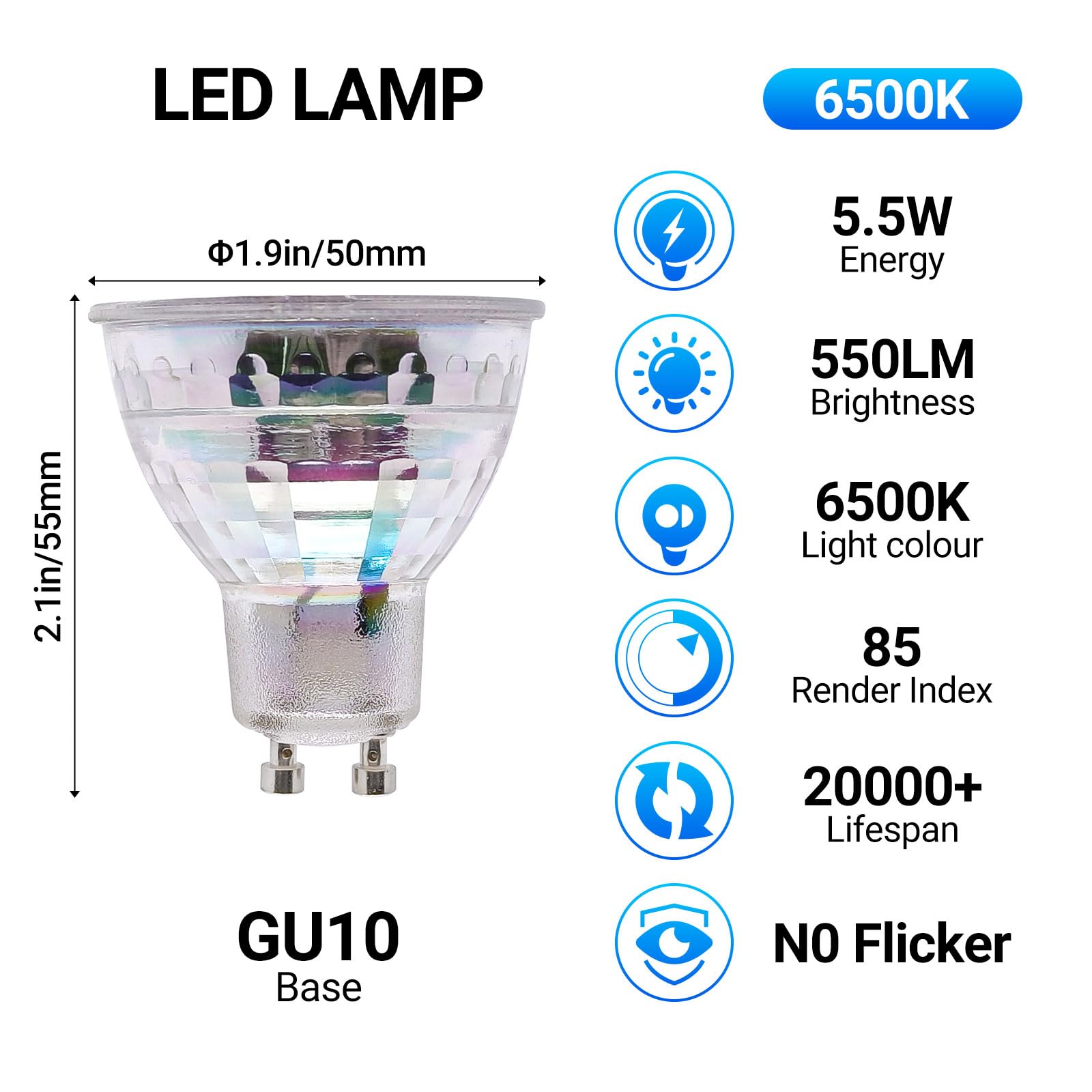LISTOCASA GU10 LED Light Bulbs, Dimmable, Glass, 5.5W (55W Halogen Equivalent), Cool White 6500K, 10 Pack