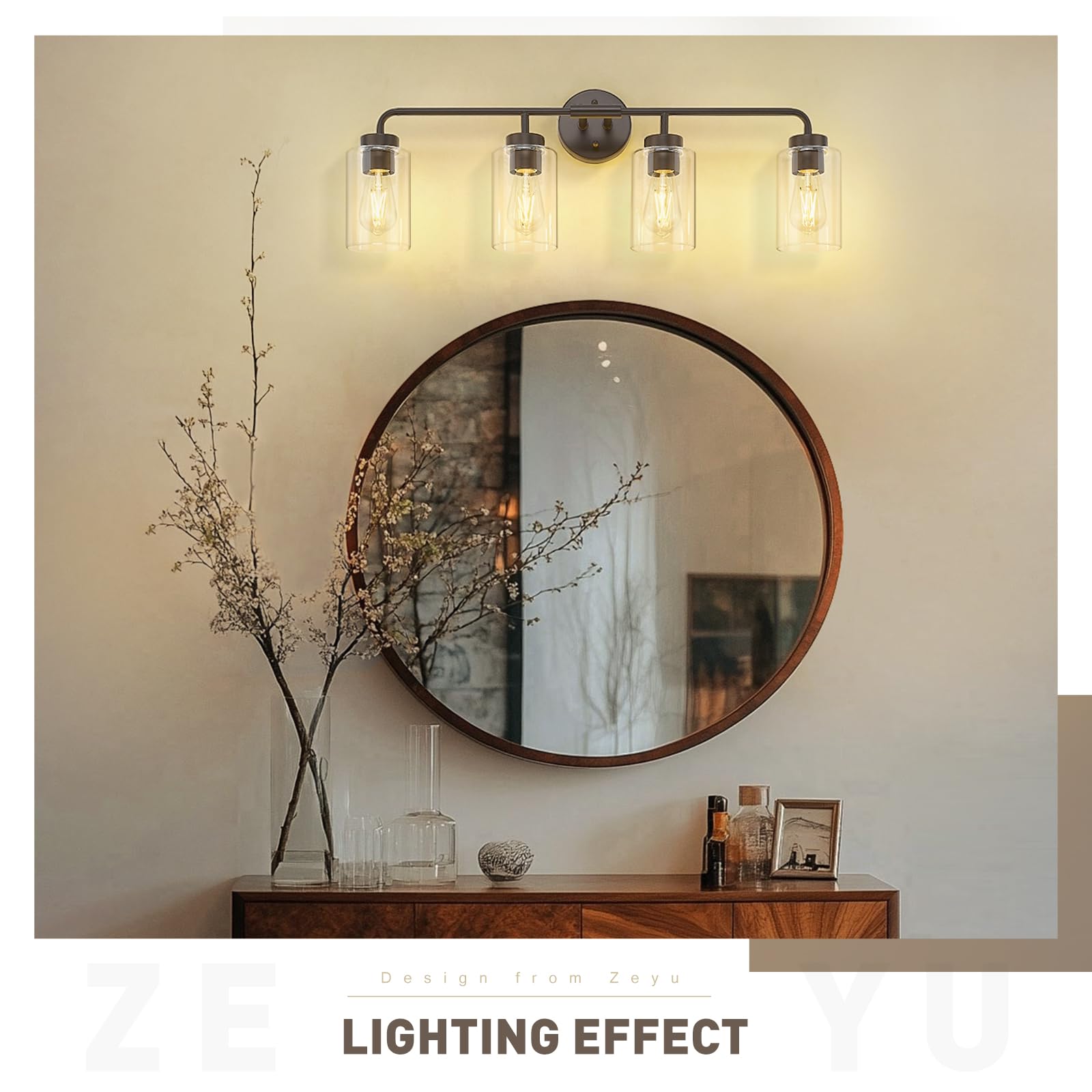 Zeyu Oil Rubbed Bronze Bathroom Vanity Light  4-Lights Bathroom Light Fixtures Over Mirror With Clear Glass Shade  30.6 Inch Wall Sconce Lighting Bath  Zs62B-4W Orb