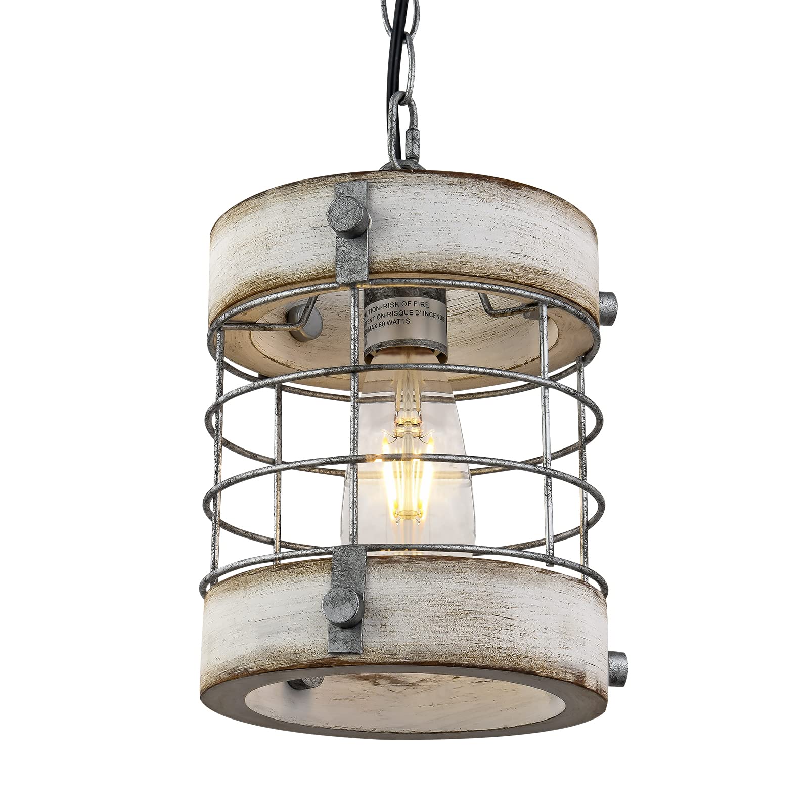 Wochos Retro Industrial Metal And Wood Chandelier 1-Light Round Cage Pendant Light Fixture For Kitchen Island Foyer Hallway Bar Dining Room Restaurant, D 7.9" X H 8.7" (White)