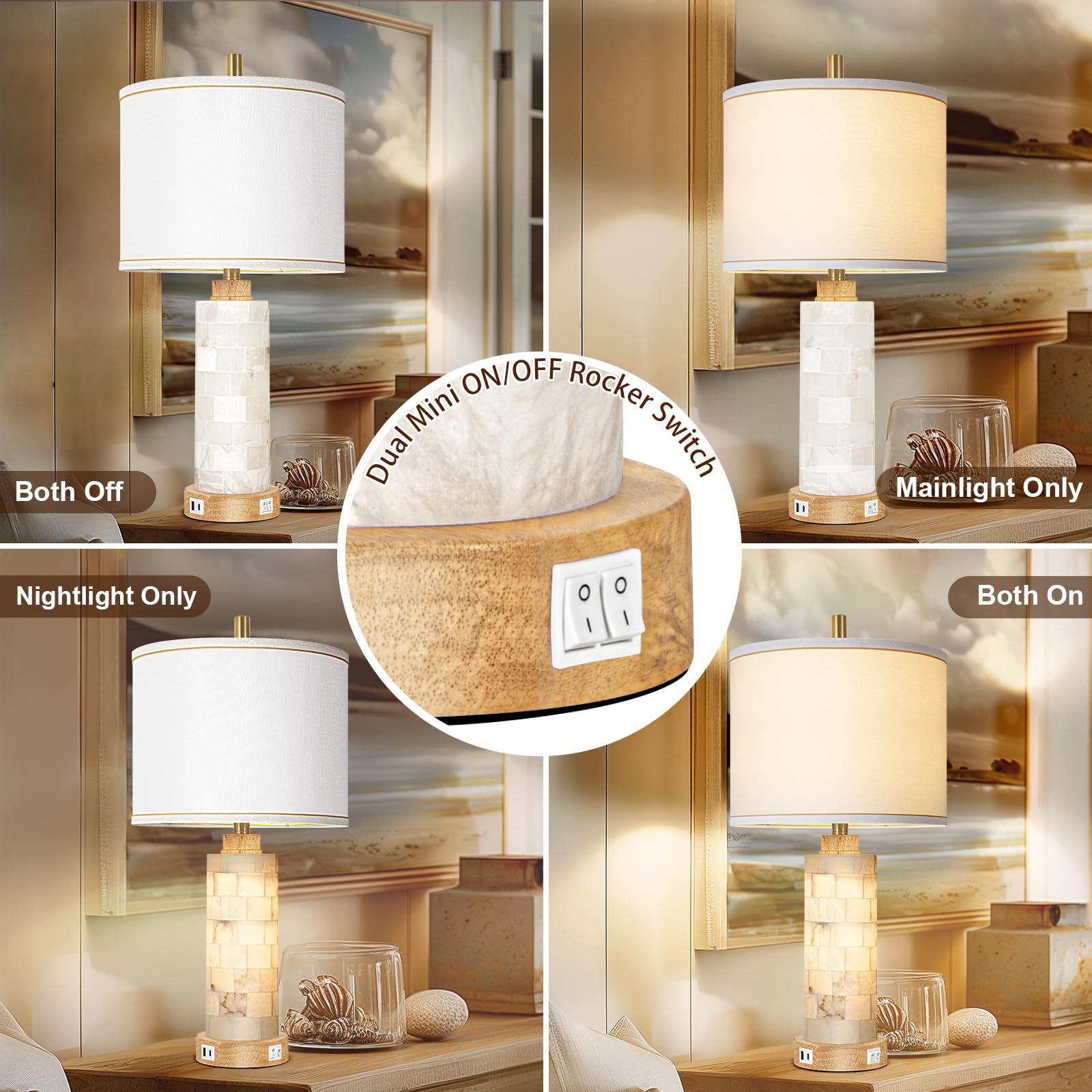 Kivditzo Natural Alabaster & Wood Table Lamp Set Of 2 With Usb Ports & Night Light