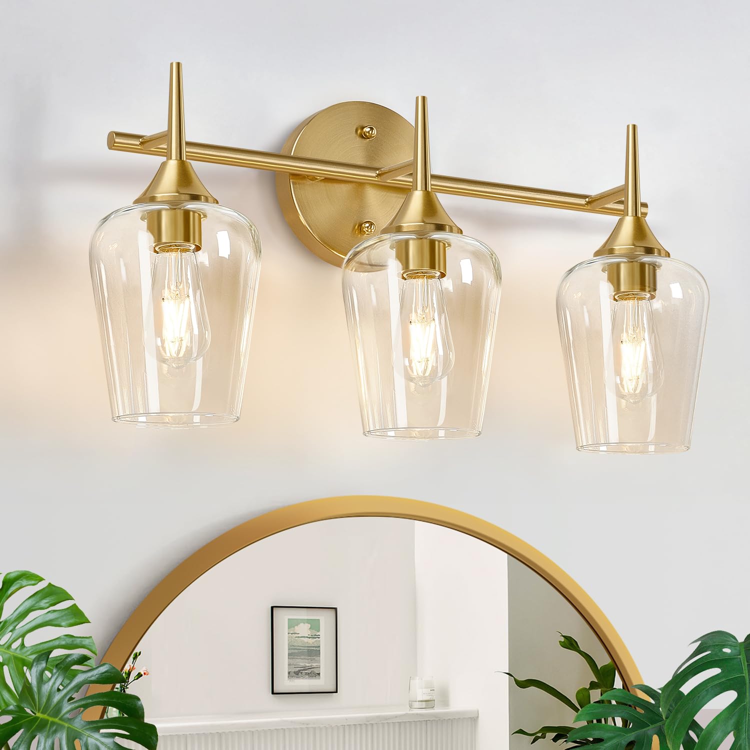 MOKATNG 3-Light Bathroom Light Fixtures  19.5 Inch Brushed Gold Vanity Lights with Beverage-Glass Shape  Bathroom Lights Over Mirror  Modern Wall Lamps for Bedroom Living Room Hallway