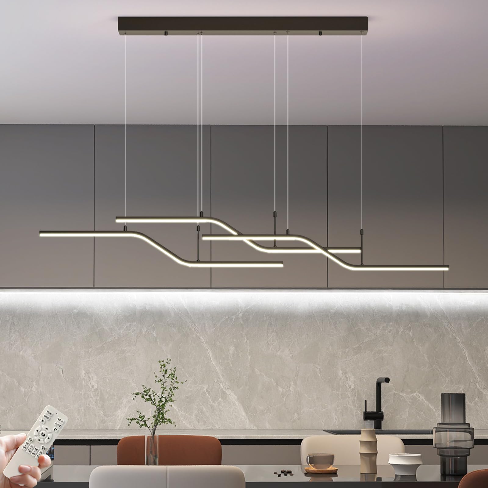 Siittoo Modern Black Pendant Light 3-Light Dimmable LED Chandelier 52in Aluminum Model 988B