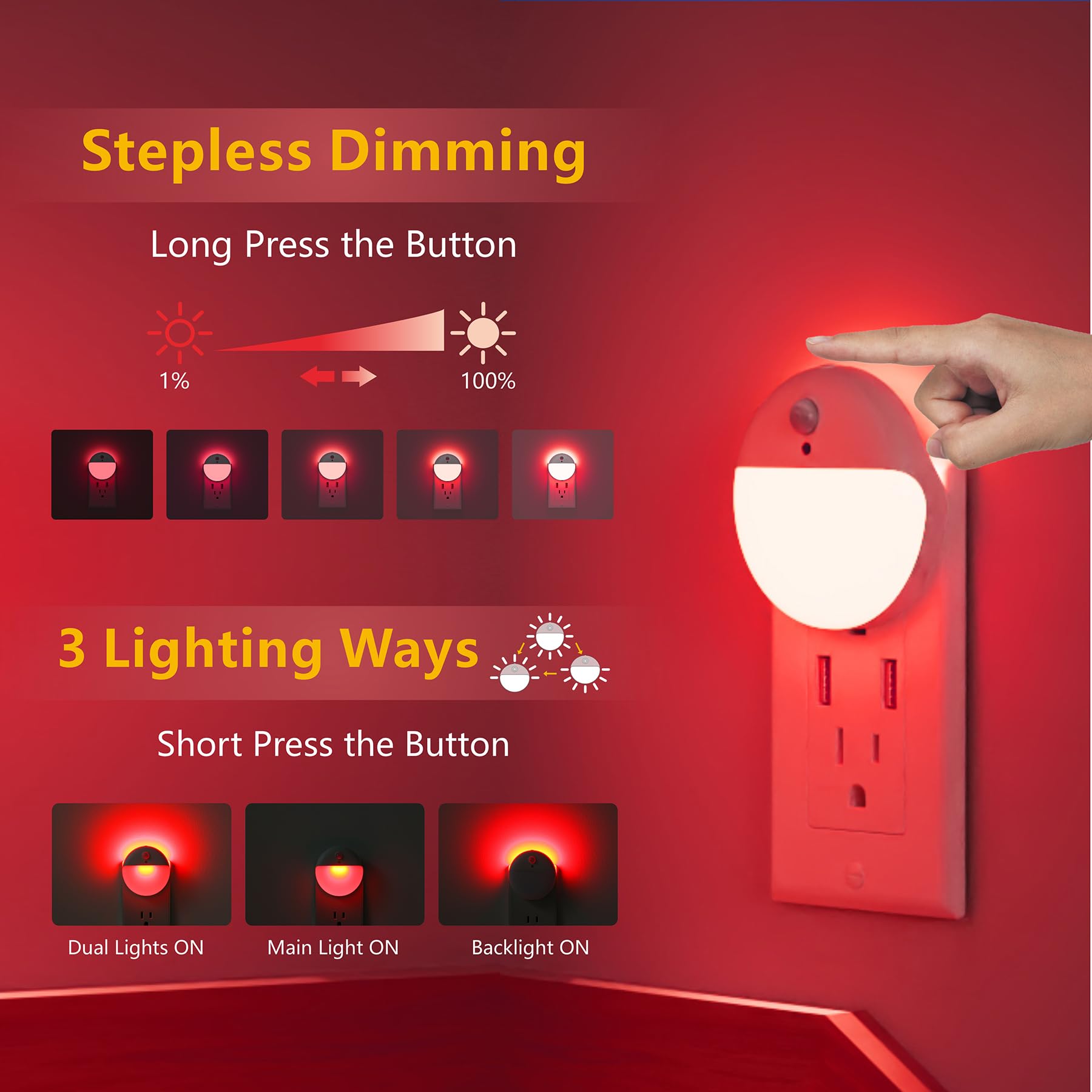 YUNLEX Night Light 2 Pack with Motion Sensor, Dusk to Dawn, Stepless Dimming, Red LED, 3 Sensor Modes, Plastic, Model NLS26