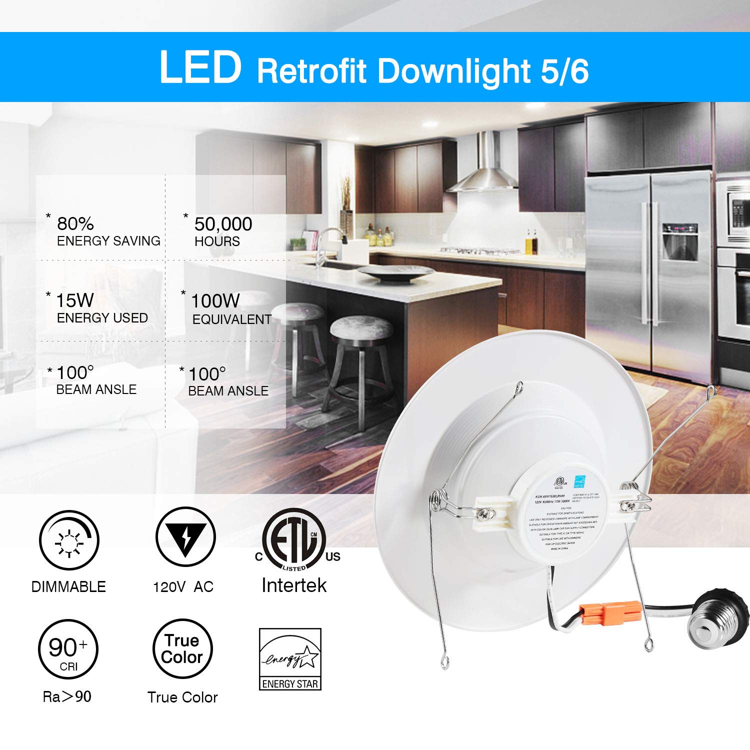 Zzenrysam 6 Inch Led Can Lights, 6 Pack Dimmable Retrofit Led Recessed Lighting Fixture, Downlight, 15W, 5000K Daylight White, Energy Star Etl