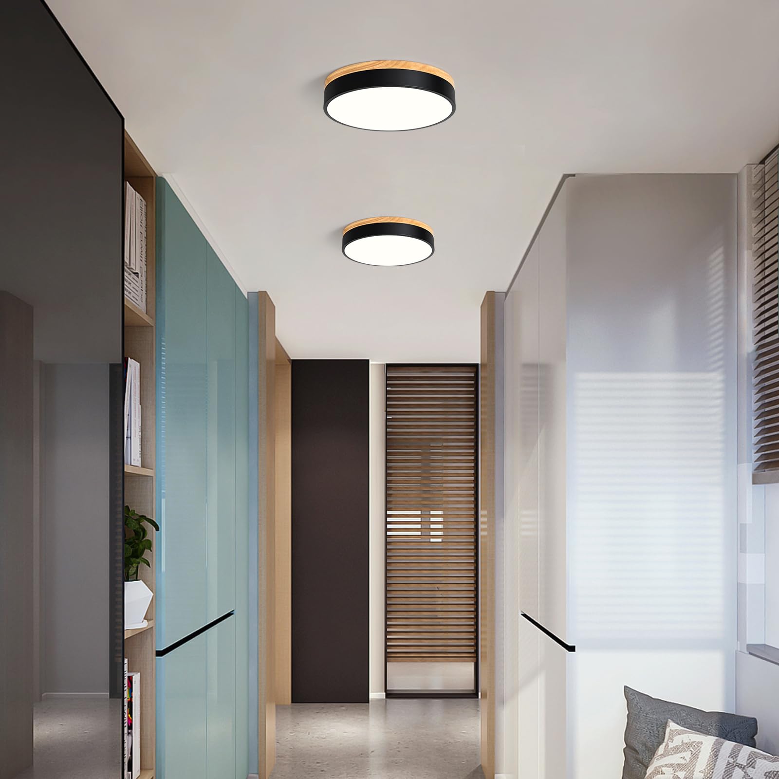 TEMINBU Dimmable Wood LED Ceiling Light, 11.81in, Black, Metal, Model TM24052801, 5CCT 2700K-6000K, Modern