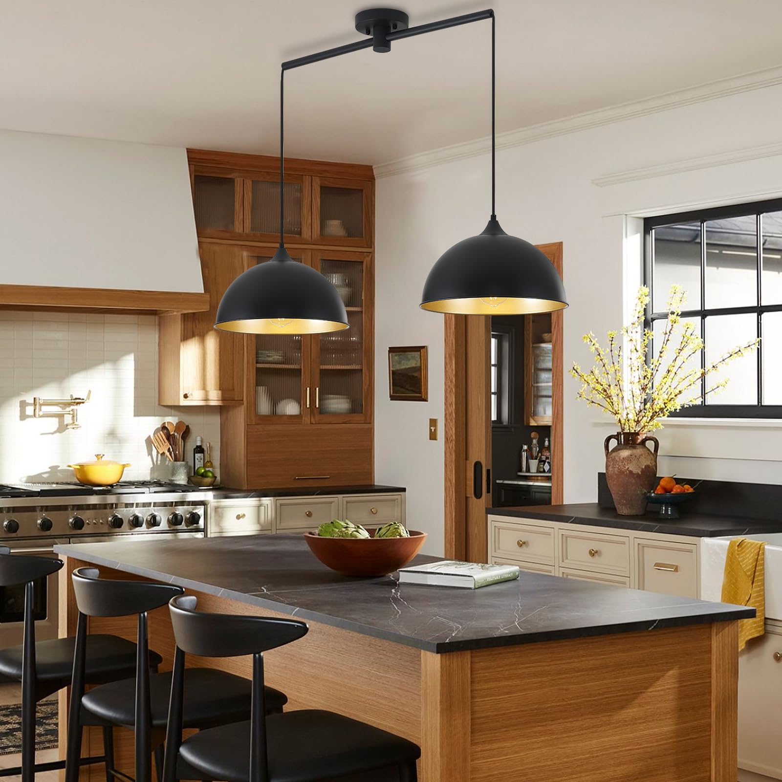 Miaybph Pendant Lights Kitchen Island, 2-Pack Dome Pendant Light Black And Gold Light Fixtures Industrial Vintage Hanging Pendan