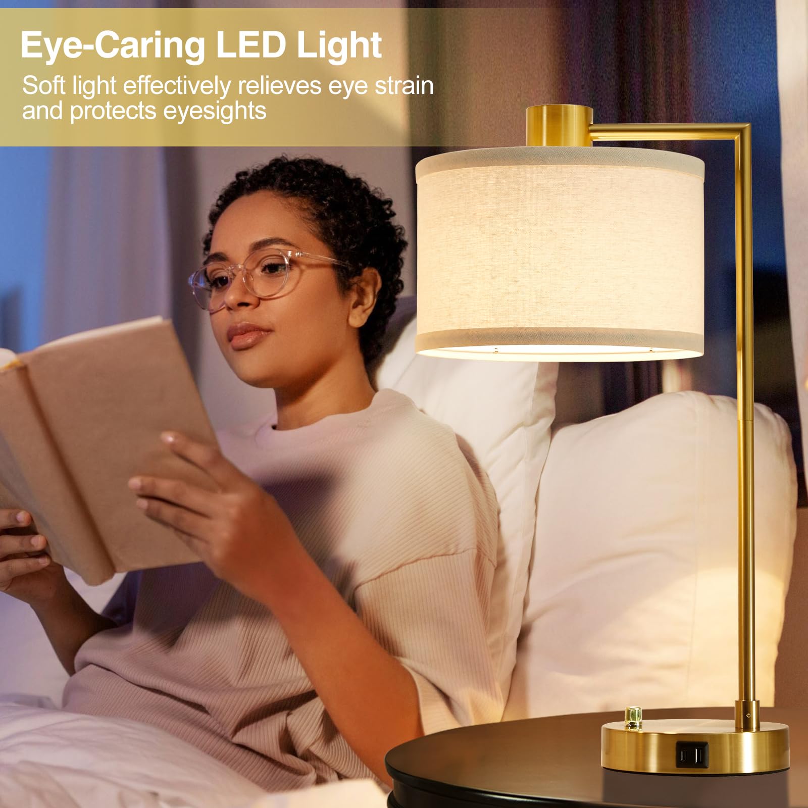 Luvkczc Table Lamp Set of 2, Fully Dimmable with USB C+A Ports, Gold, Includes 2 LED Bulbs, Model L-2TL-106-all