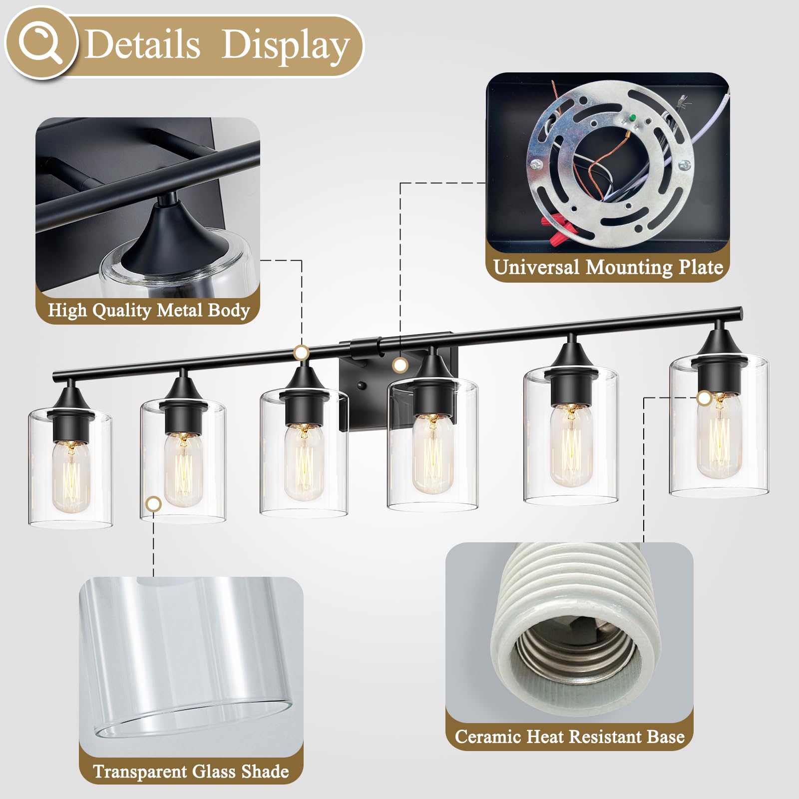 Xpehk Bathroom Vanity Light Fixtures,6-Light Matte Black Bathroom Light,Bathroom Lighting Fixtures Over Mirror With Clear Glass