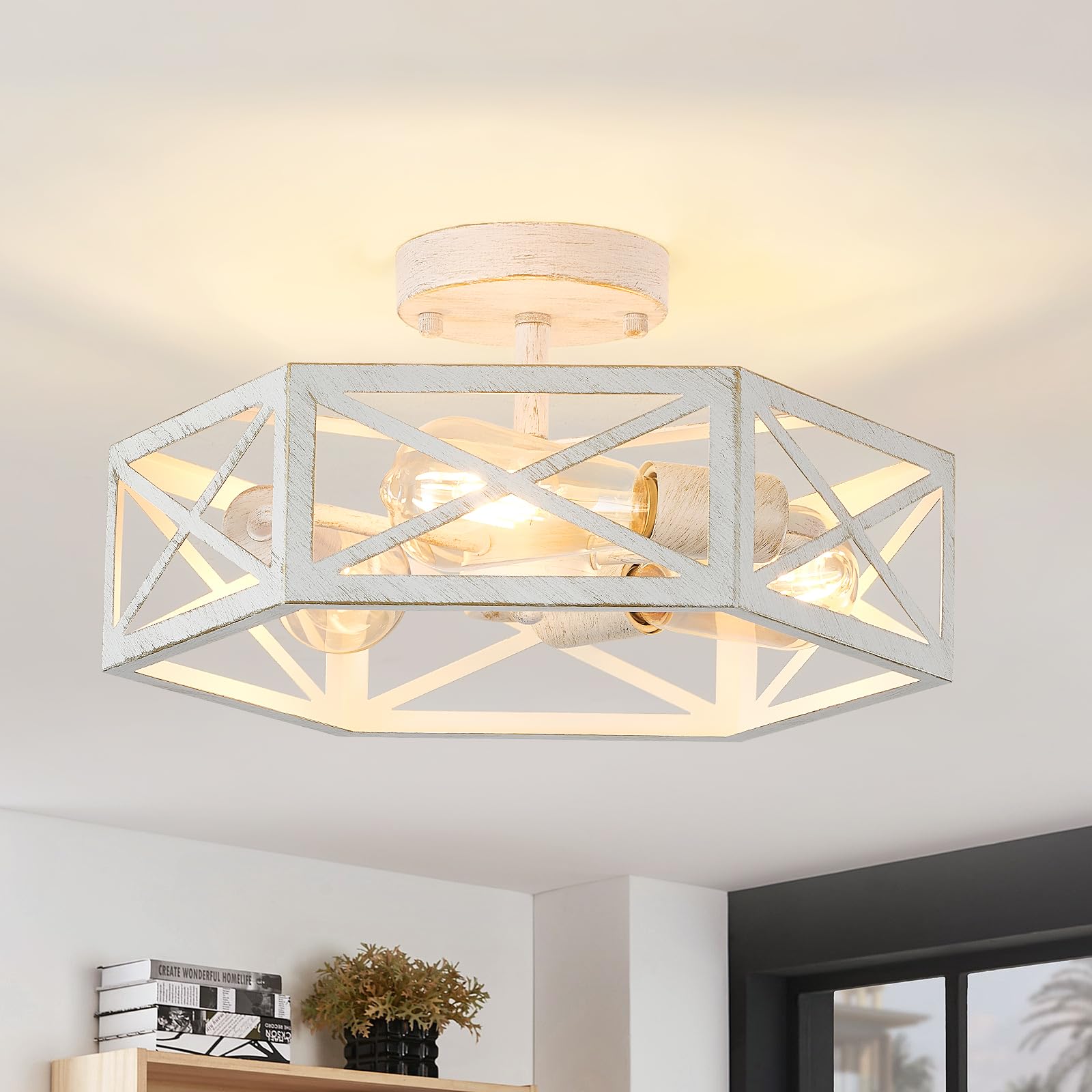Xsdetu 3-Light Flush Mount Ceiling Light Fixture, Modern Close To Ceiling Light With White Metal Hexagon Cage, Farmhouse Ceiling Light For Bedroom, Hallway, Entry, Foyer, Kitchen