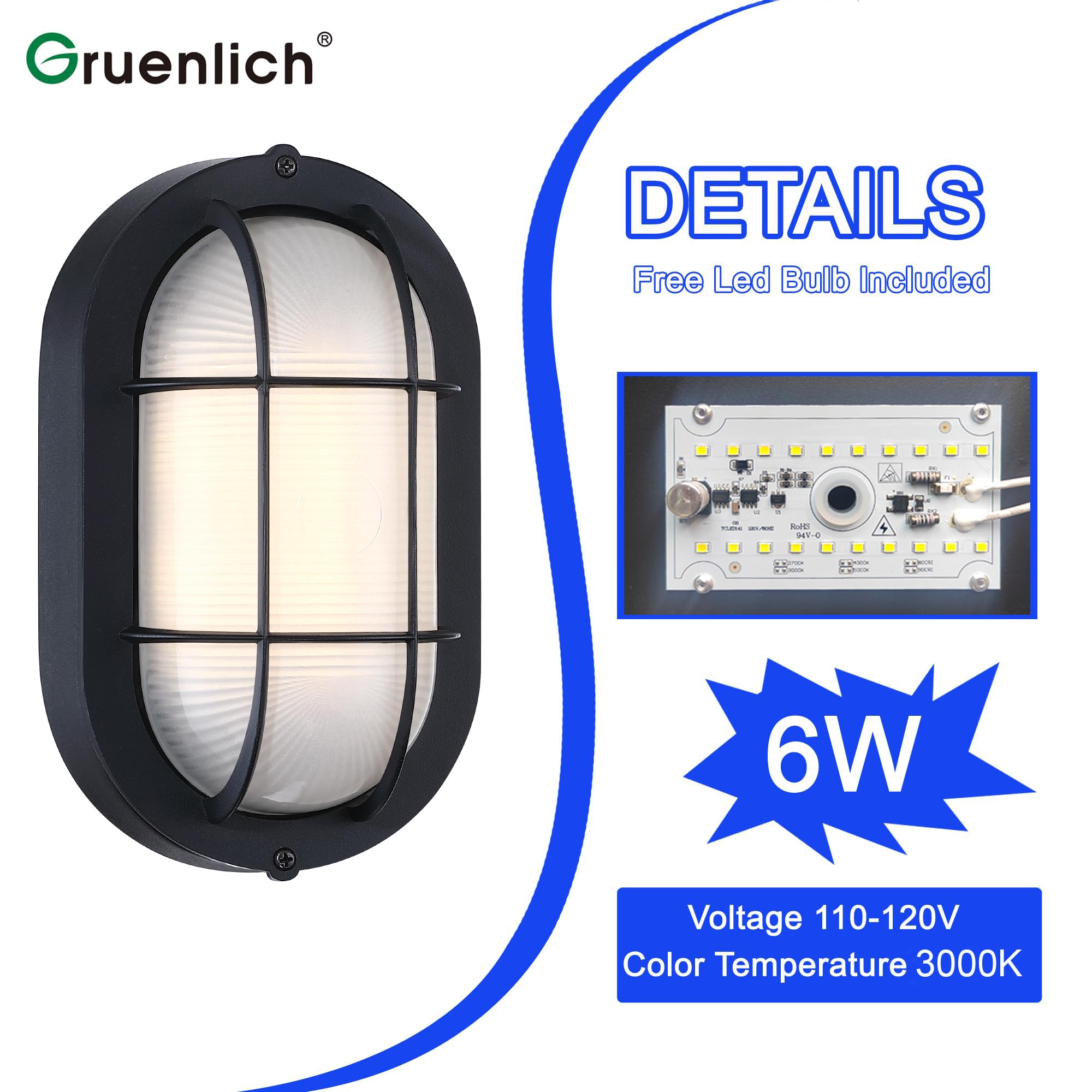 GRUENLICH Dimmable LED Bulkhead Light, 8.5in  Oval, 3000K Warm White, Black Cast Aluminum, 2-Pack, Model GR-CL00130