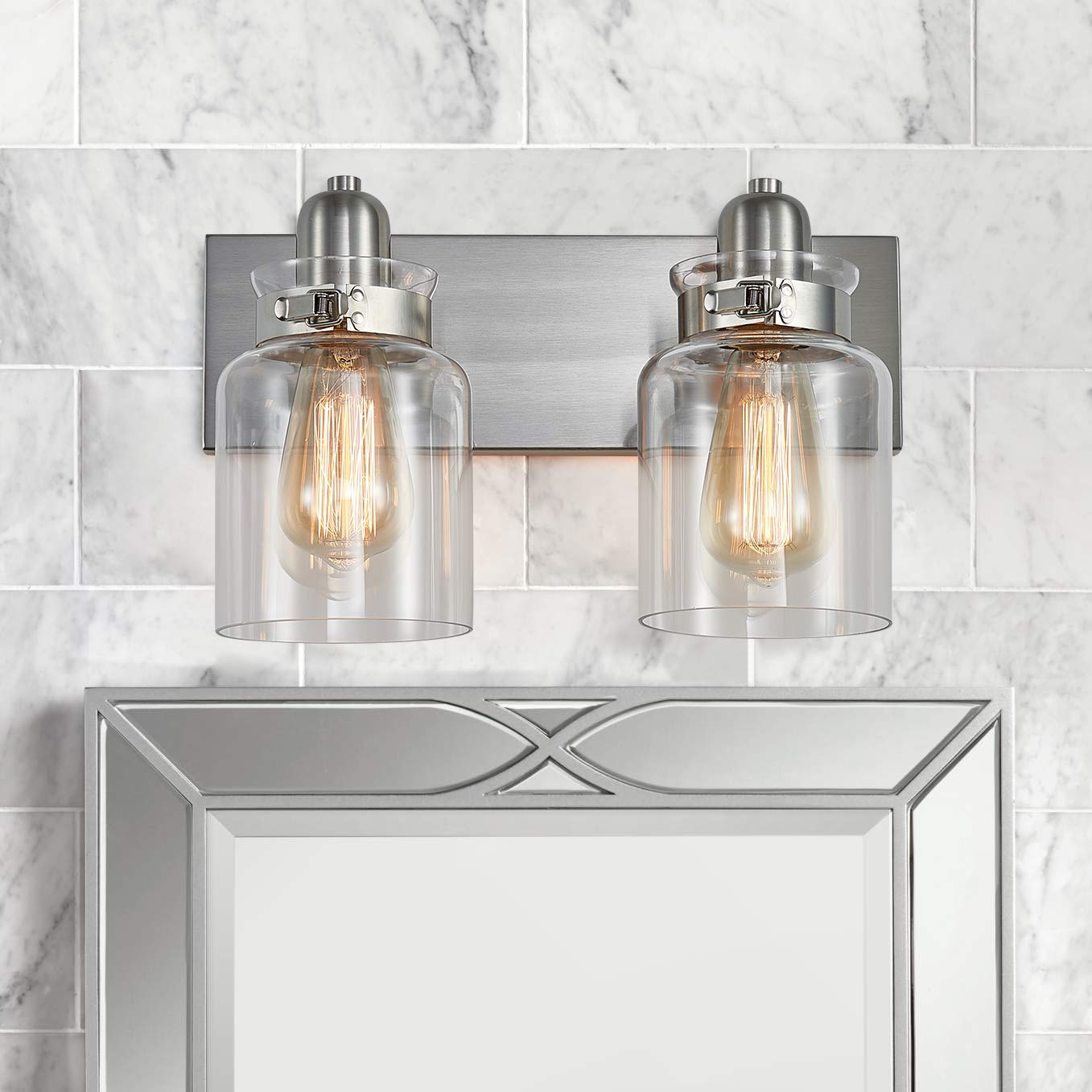 Bestier 2-Light Bath Vanity Wall Sconce Brushed Nickel Glass AK-AJ-18103 7in Width 8.3in Height E26 LED Bulbs Required