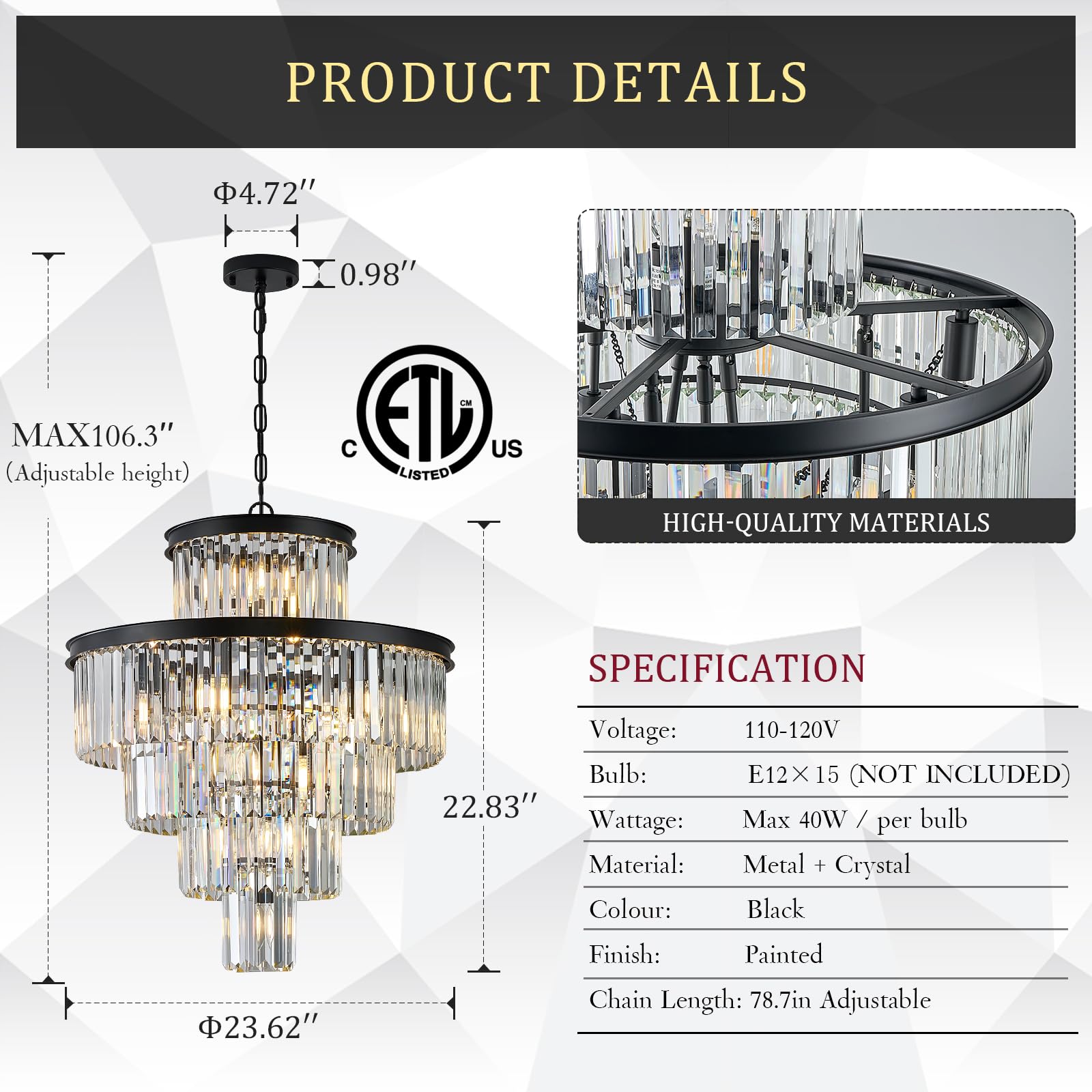 CATINER 24" Modern Crystal Chandelier, 15 Lights Black Pendant, Luxury 5-Tier K9 Crystals for Dining Room, Living Room, Foyer, Kitchen