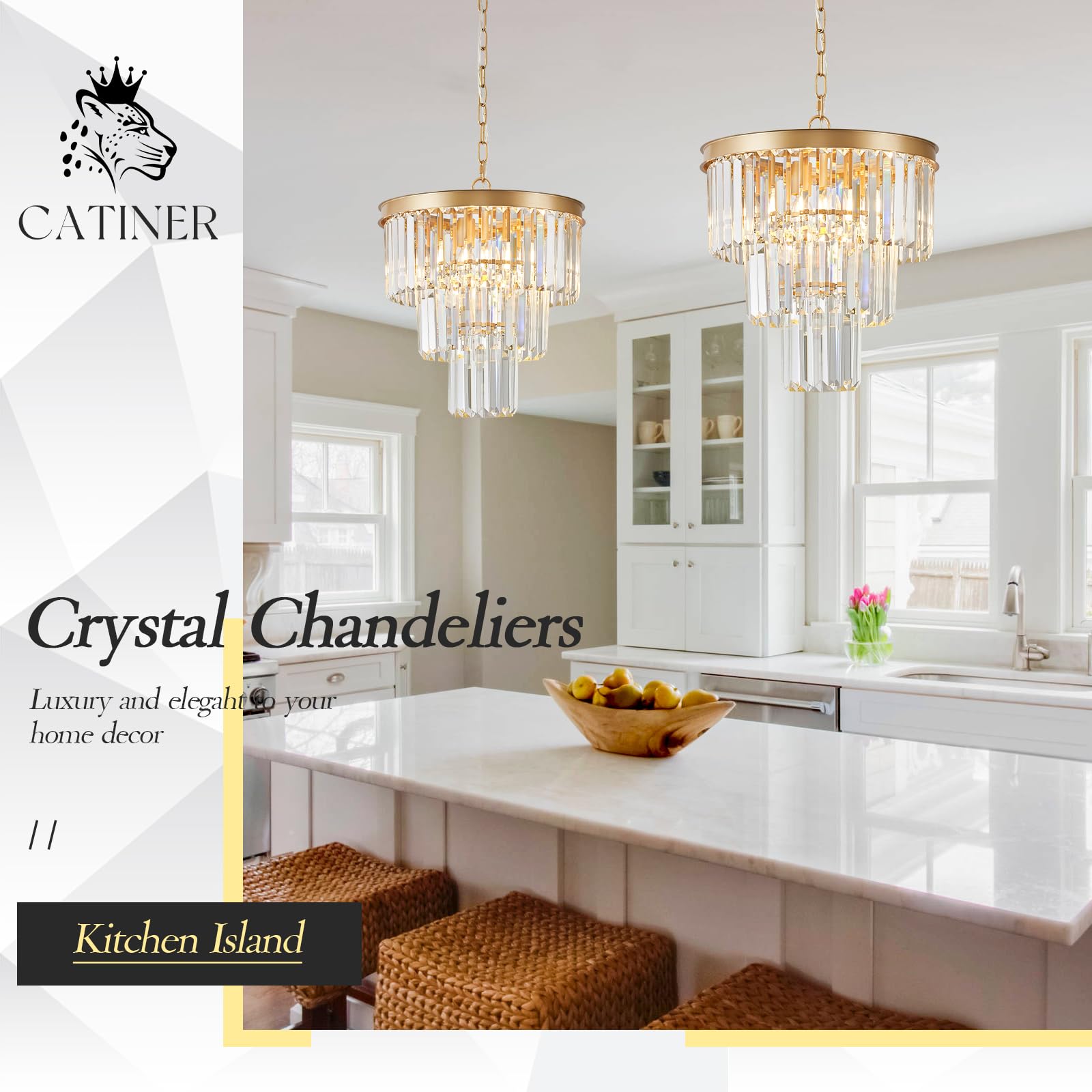 Catiner Gold Crystal Chandeliers 16'' Modern 6-Light Small Pendant Light Luxury 3 Tiers K9 Crystal Ceiling Pendant Round Light F