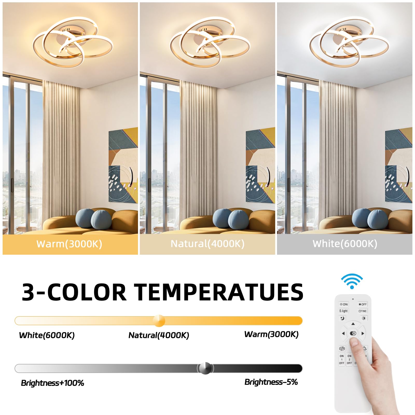 CANEOE Modern LED Ceiling Light Fixture, 42W, Dimmable, Remote Control, Curve Design, Rose Gold, Model CL-3BHFGJ-D